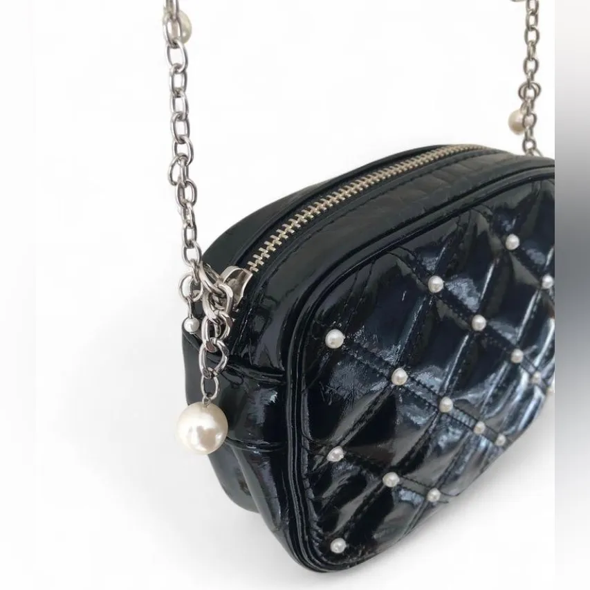 White House Black Market women’s Black Quilted Crossbody Bag with Pearl Accents - Image 4
