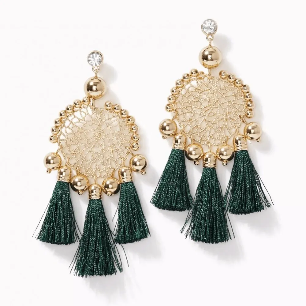 NEW Lilly Pulitzer Sea Dreamer Earrings in Evergreen Gold Tassels Boho Preppy - Image 2