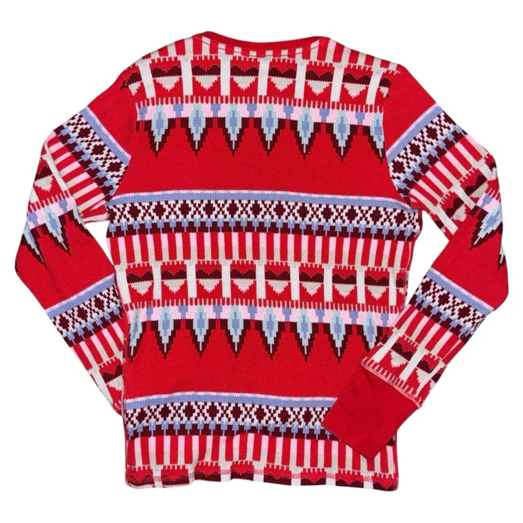 Victorias Secret Fair Isle Waffle Knit Thermal Shirt Red Aztec Long Sleeve Small - Image 2