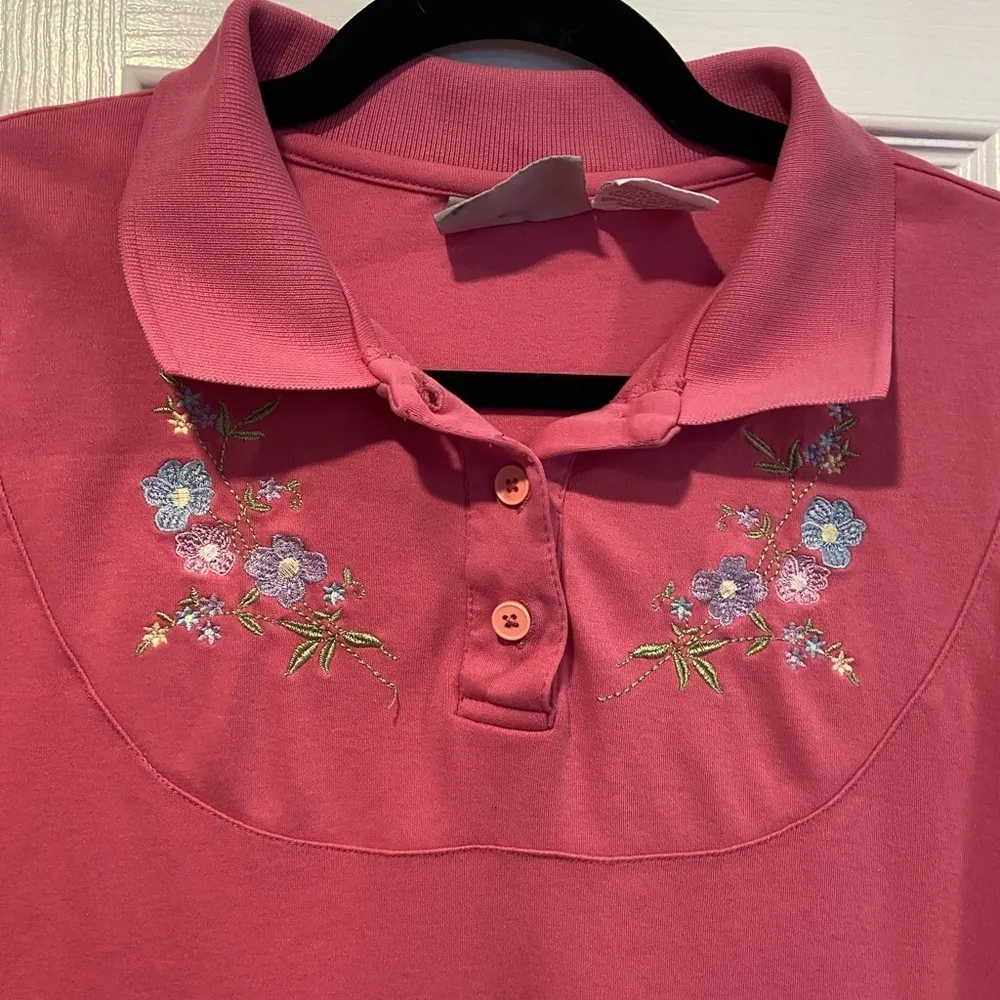 VTG Blair Size L Pink Floral Embroidered Short Sleeve Polo Shirt Ribbed Waist - Image 2