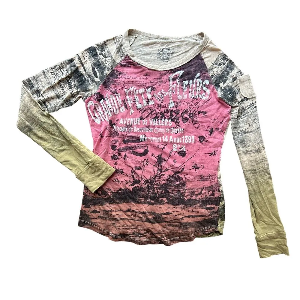 Skinny Minnie Pink Allover Grungy Graphic Long Sleeve Top Size Medium - Image 6