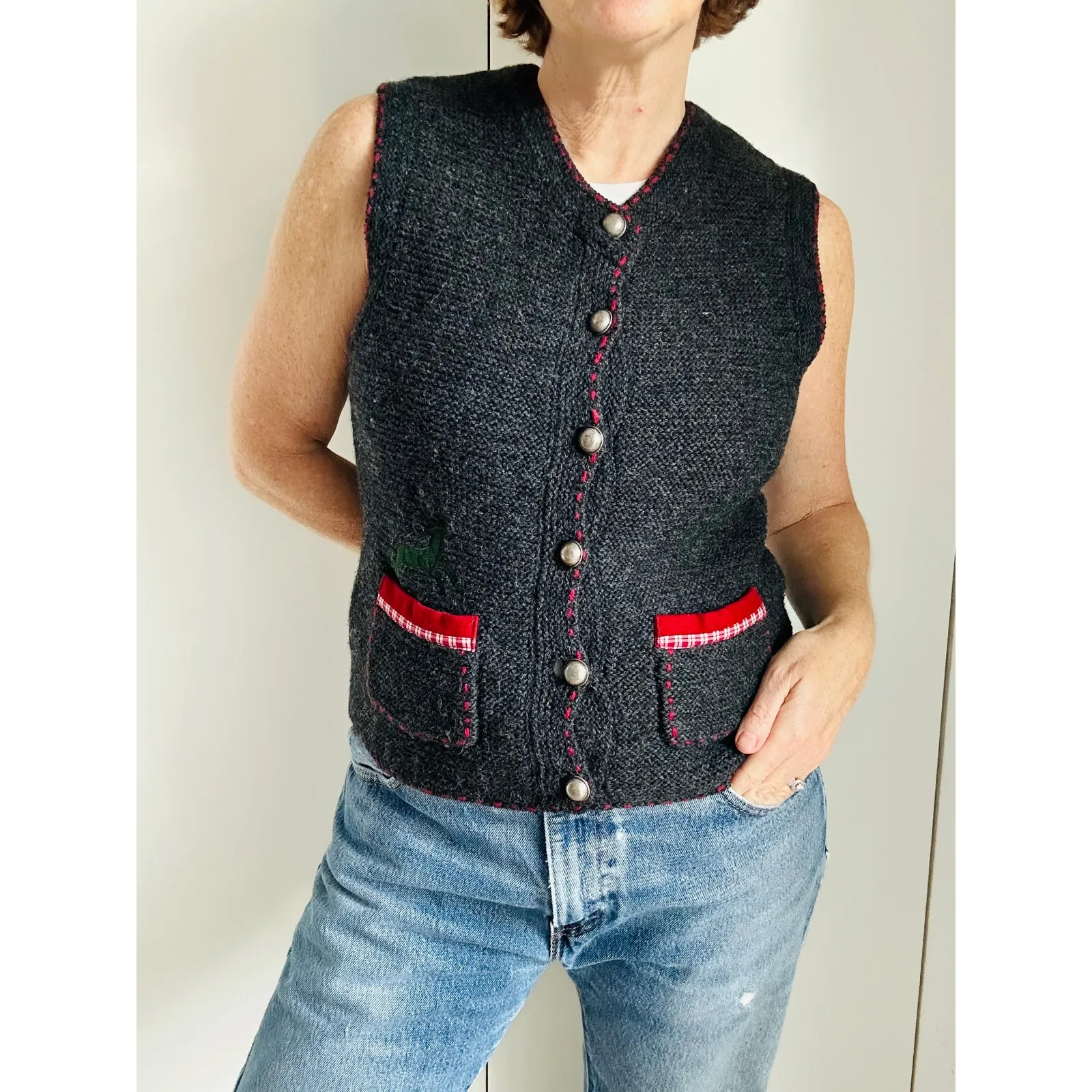 Hammerschmid Wool Vest Holiday Embroidery Gray Size Small Christmas/Winter - Image 7