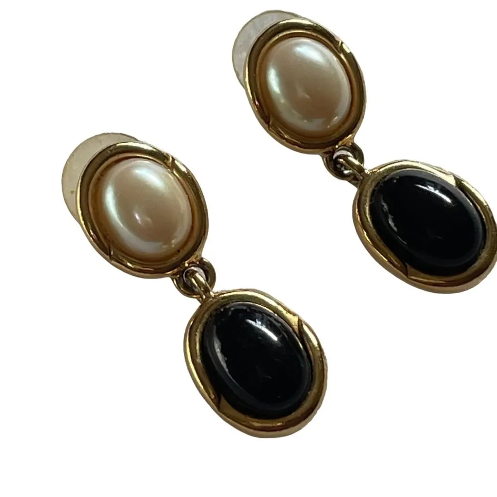 Onyx Pearl Drop Earrings Black Disc Post Backing u - Image 3