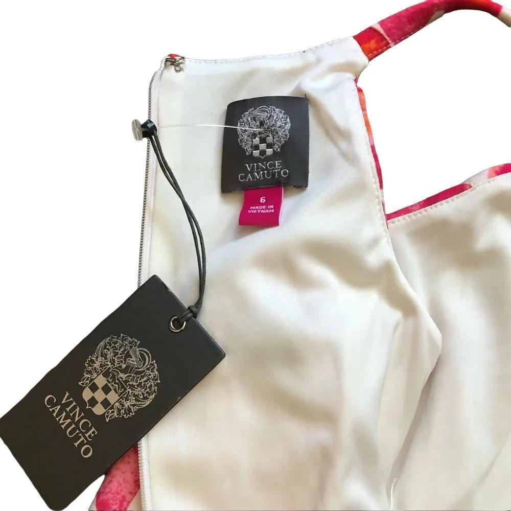 VINCE CAMUTO White Floral Fully Lined Pintuck Dress With Full Skirt Sz 6 - Image 5