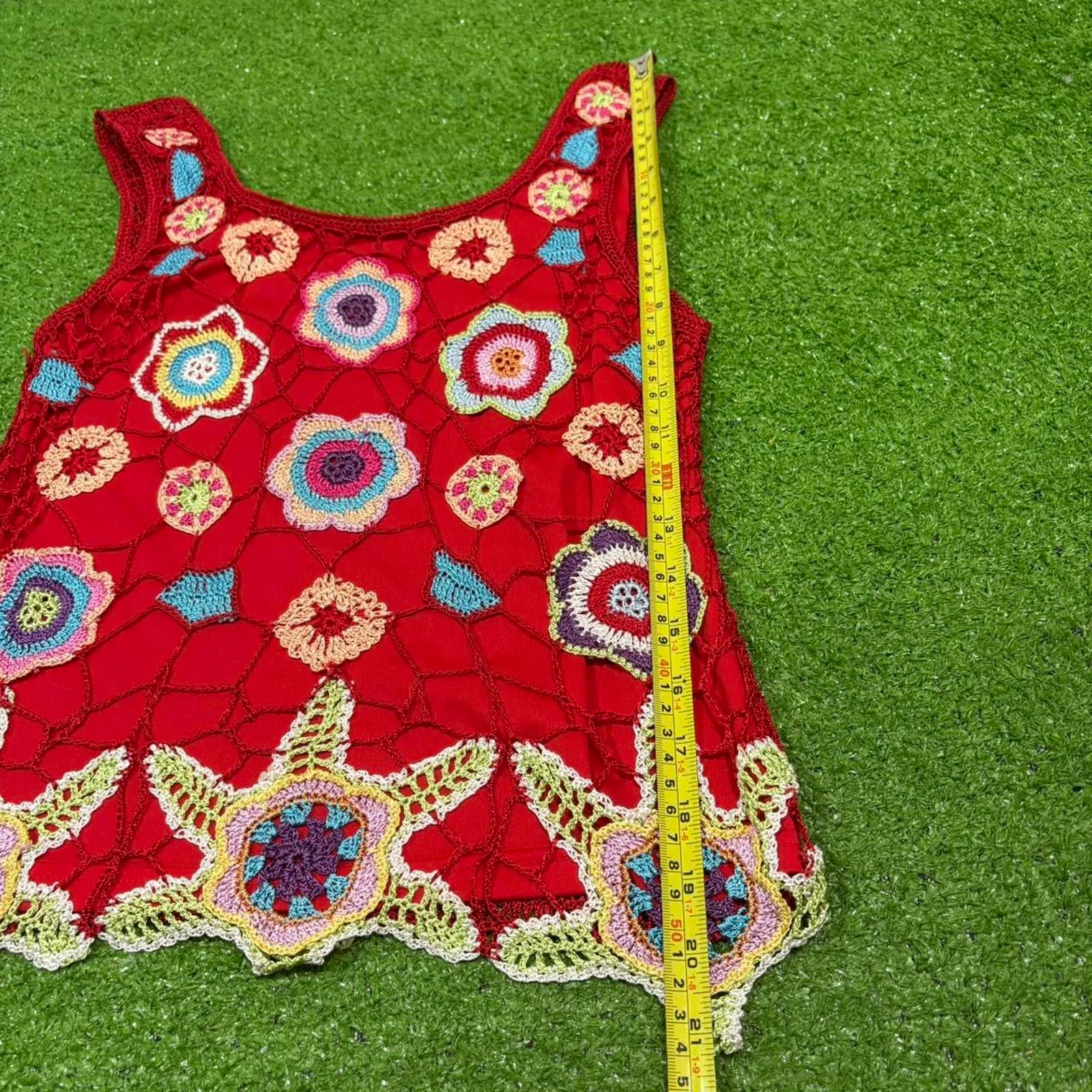 Handmade Red Crochet Womens‎ Tank Top Floral Fairycore Embroidered Abstract - Image 4