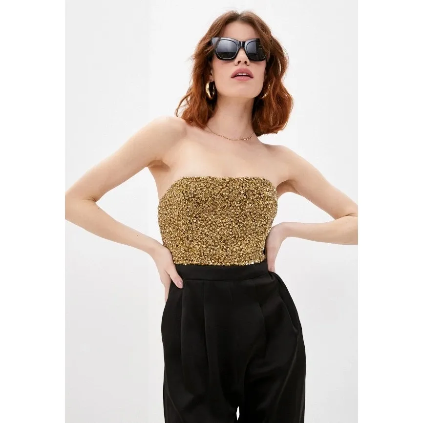 Alice + Olivia Jeri Rhinestone Embellished Strapless Jumpsuit black gold size 2 - Image 14