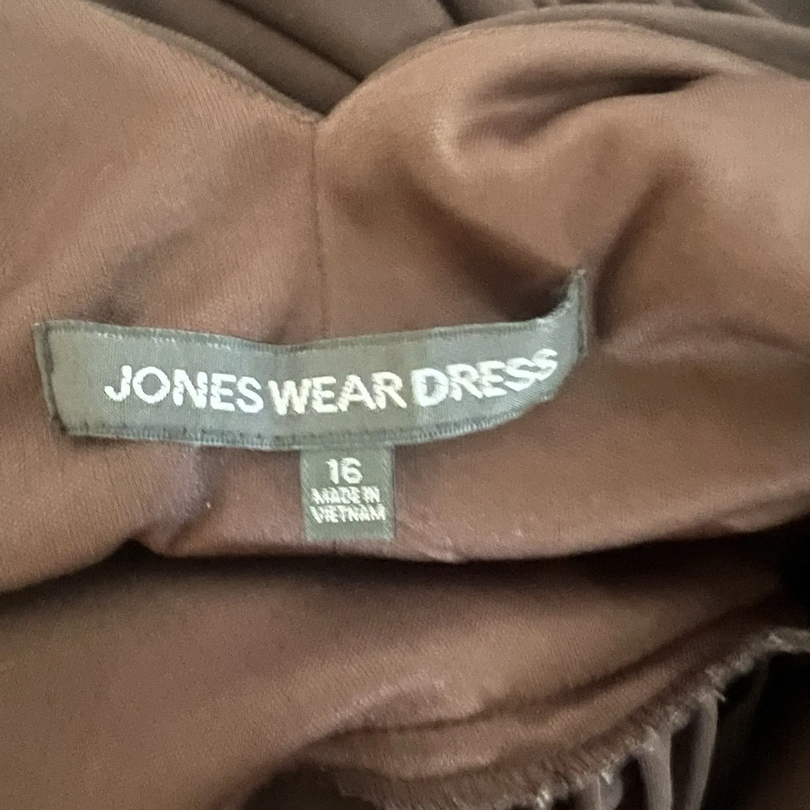 Jones Wear Jersey Dress Size 16 Brown Midi Satin Empire Waist Deep V Neck Draped - Image 12