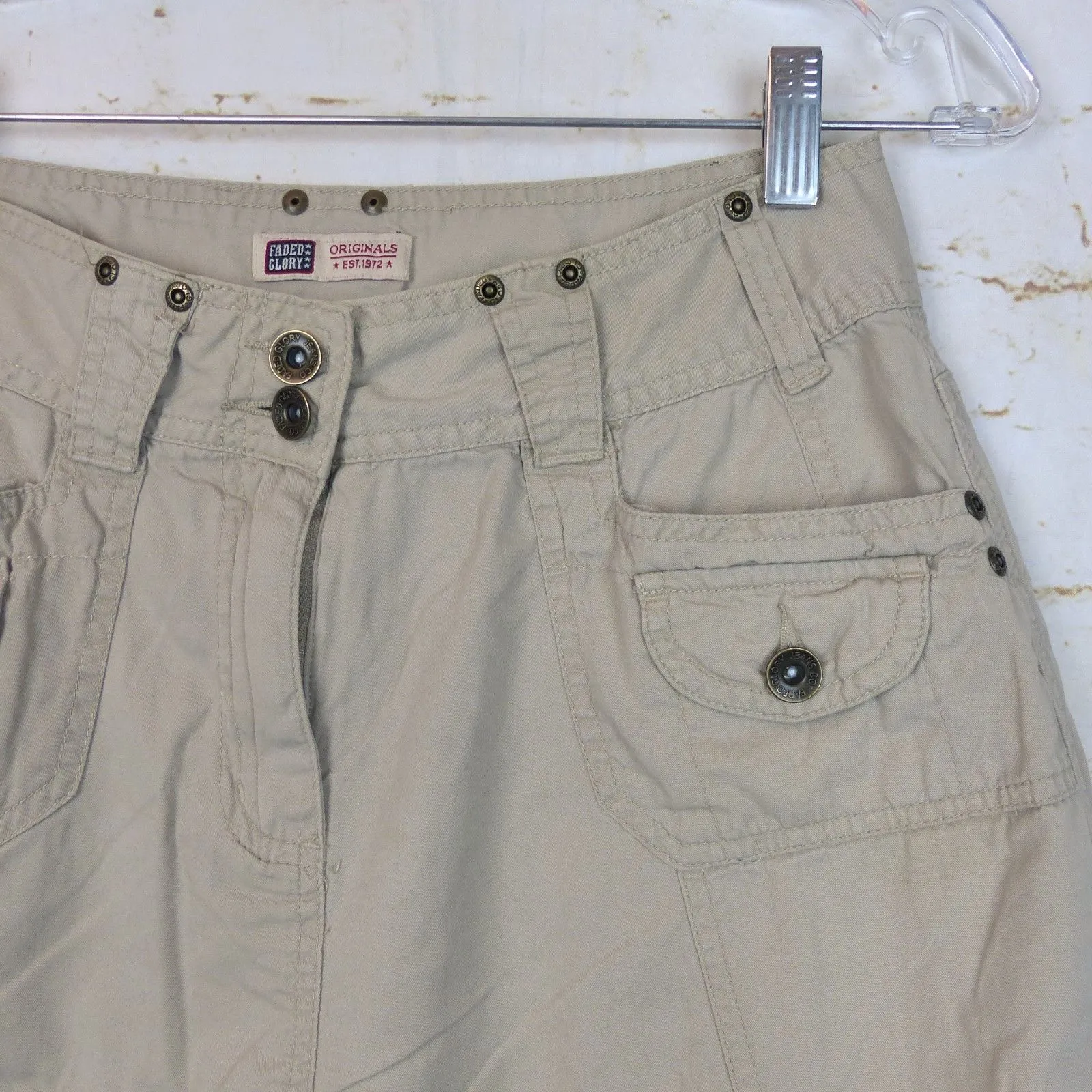 VTG Faded Glory Skirt 8 Khaki Cotton Cargo A-Line Godet Flared Midi Utility Y2K - Image 5