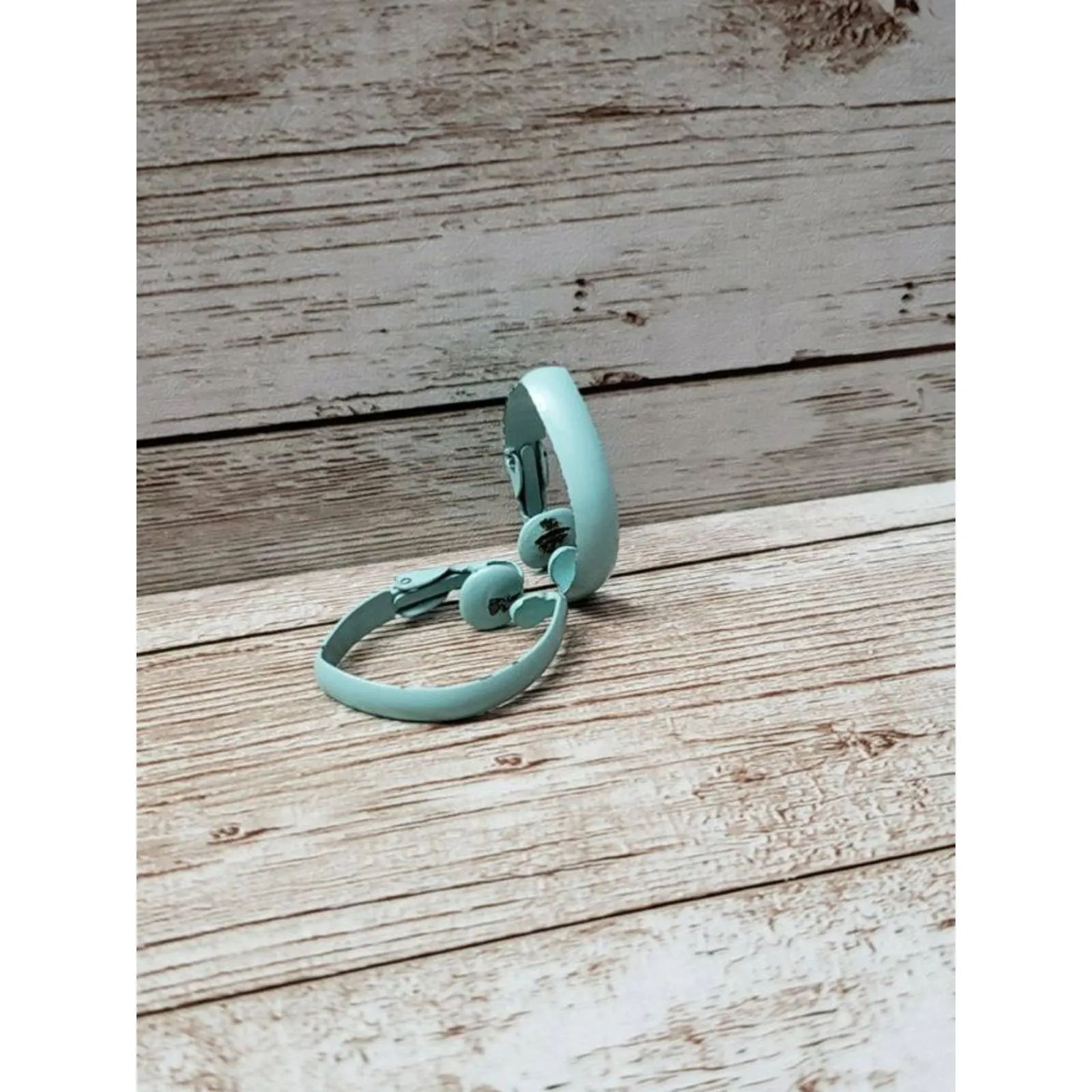 Vintage Clip On Earrings 1" Aqua Blue Elongated Folded Hoop Retro - Image 12