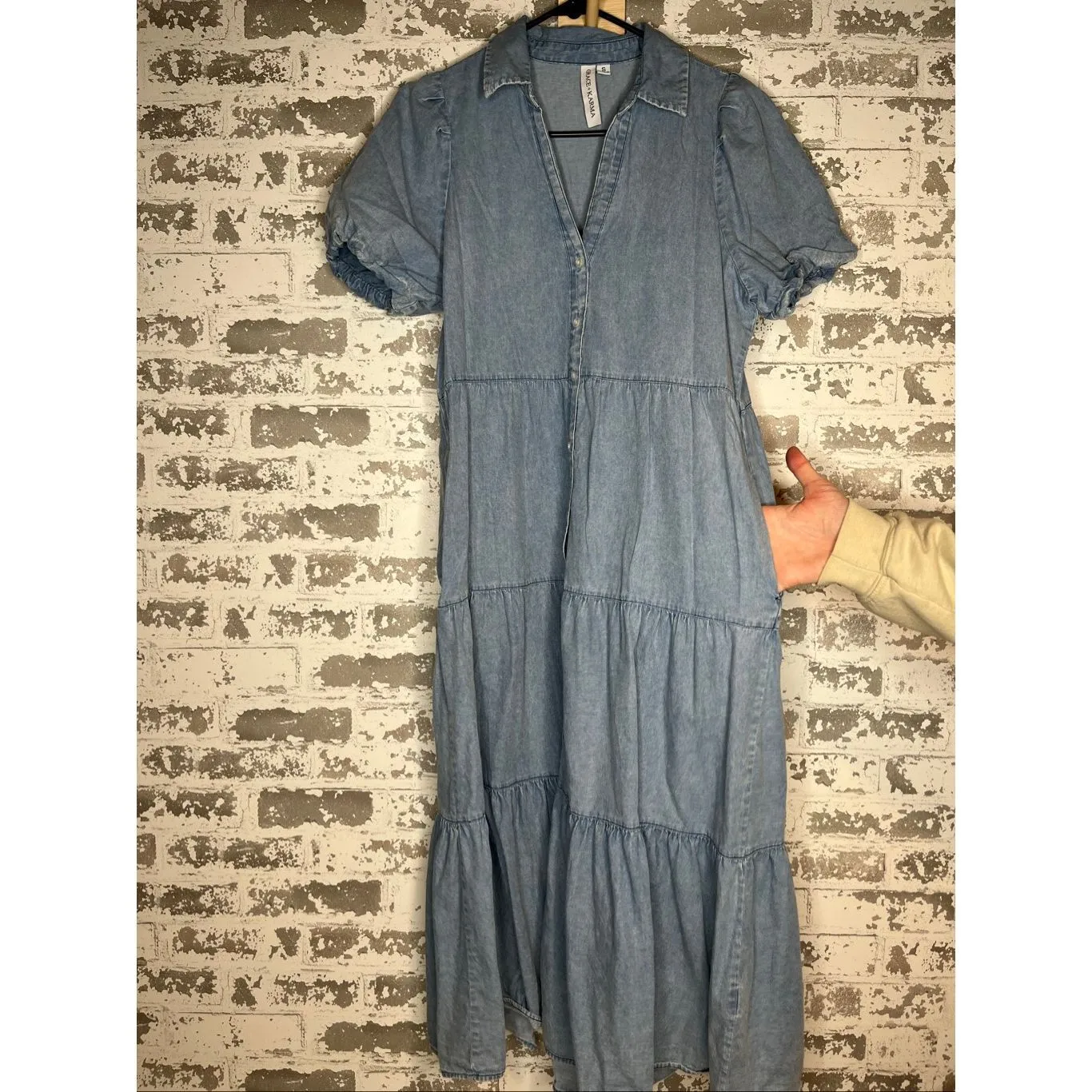 Grace + Karma | women denim button down dress puff sleeves Blue - Image 7