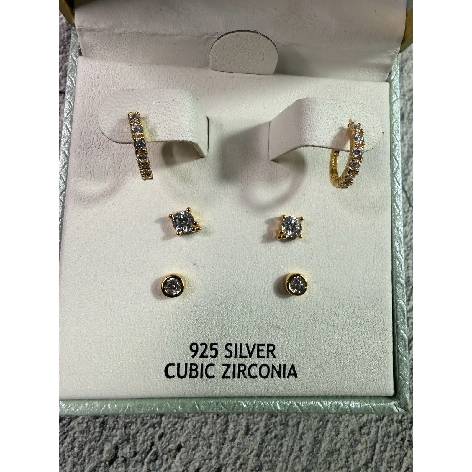 NEW IN BOX Rachel Ashwell 925 Sterling Vermeil Cubic Zirconia 3 Earrings Set Gold - Image 2