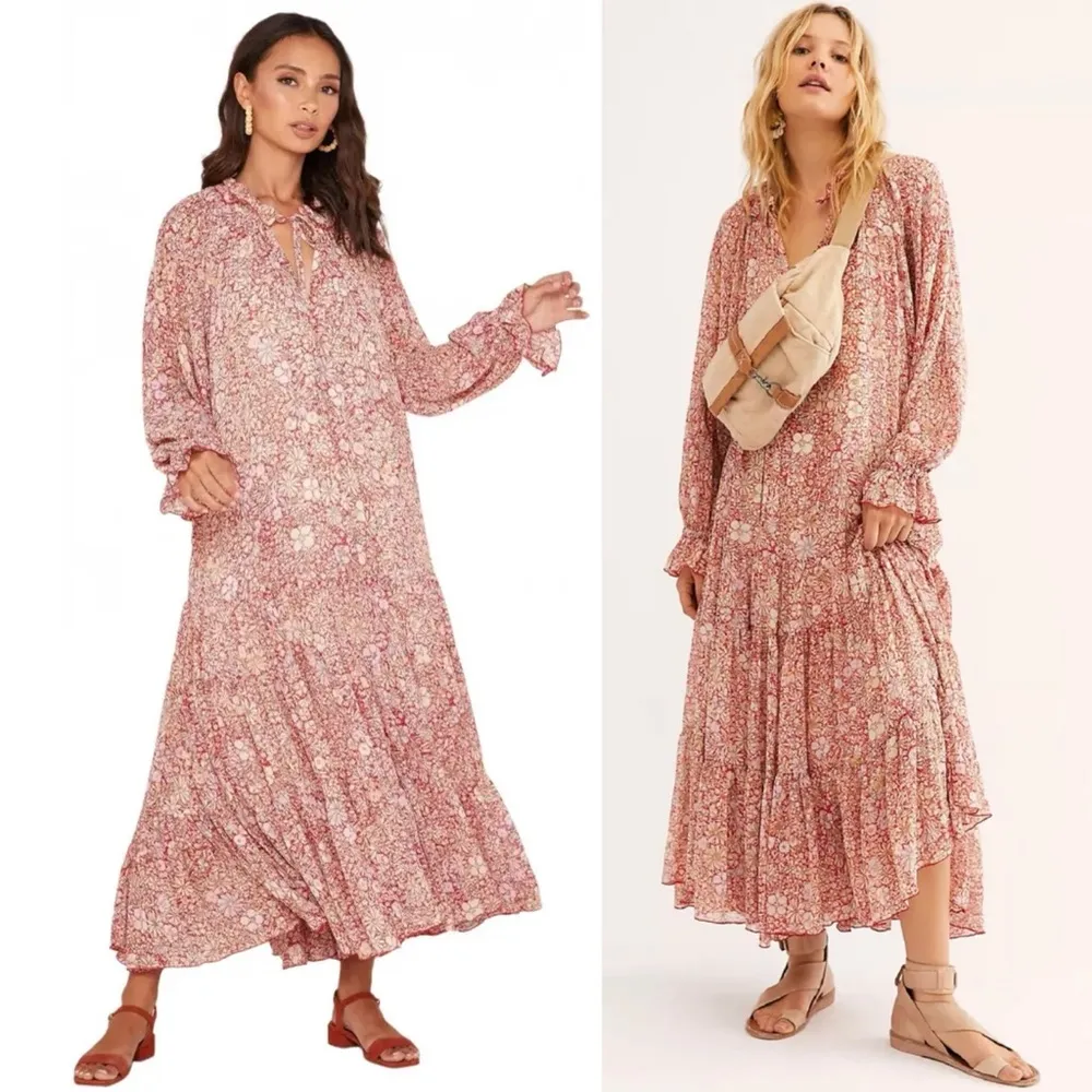 Free People Feeling Groovy Dress Floral Tiered Skirt Red Size Small Long Sleeves - Image 6