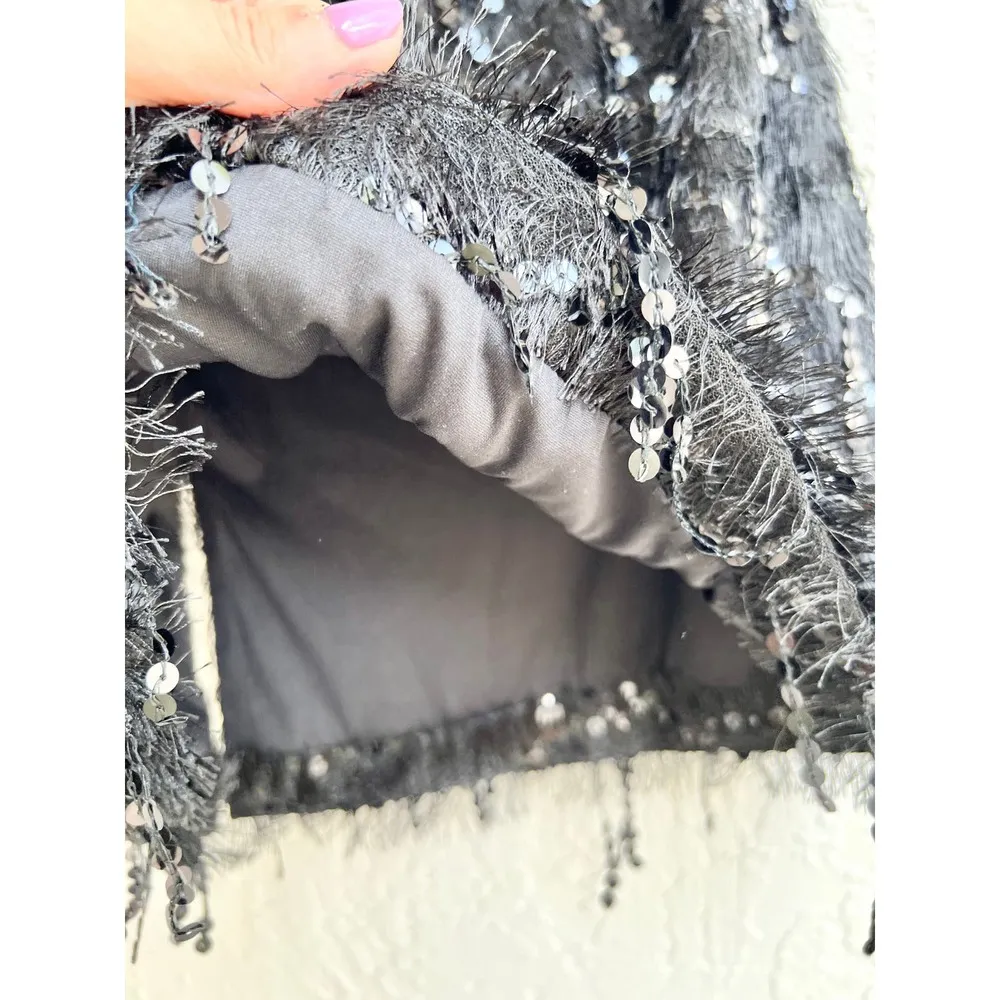 NWT H&M Sequin Embellished Fringe Trim Pull On Mini Skirt Black Women's Size XS - Image 6