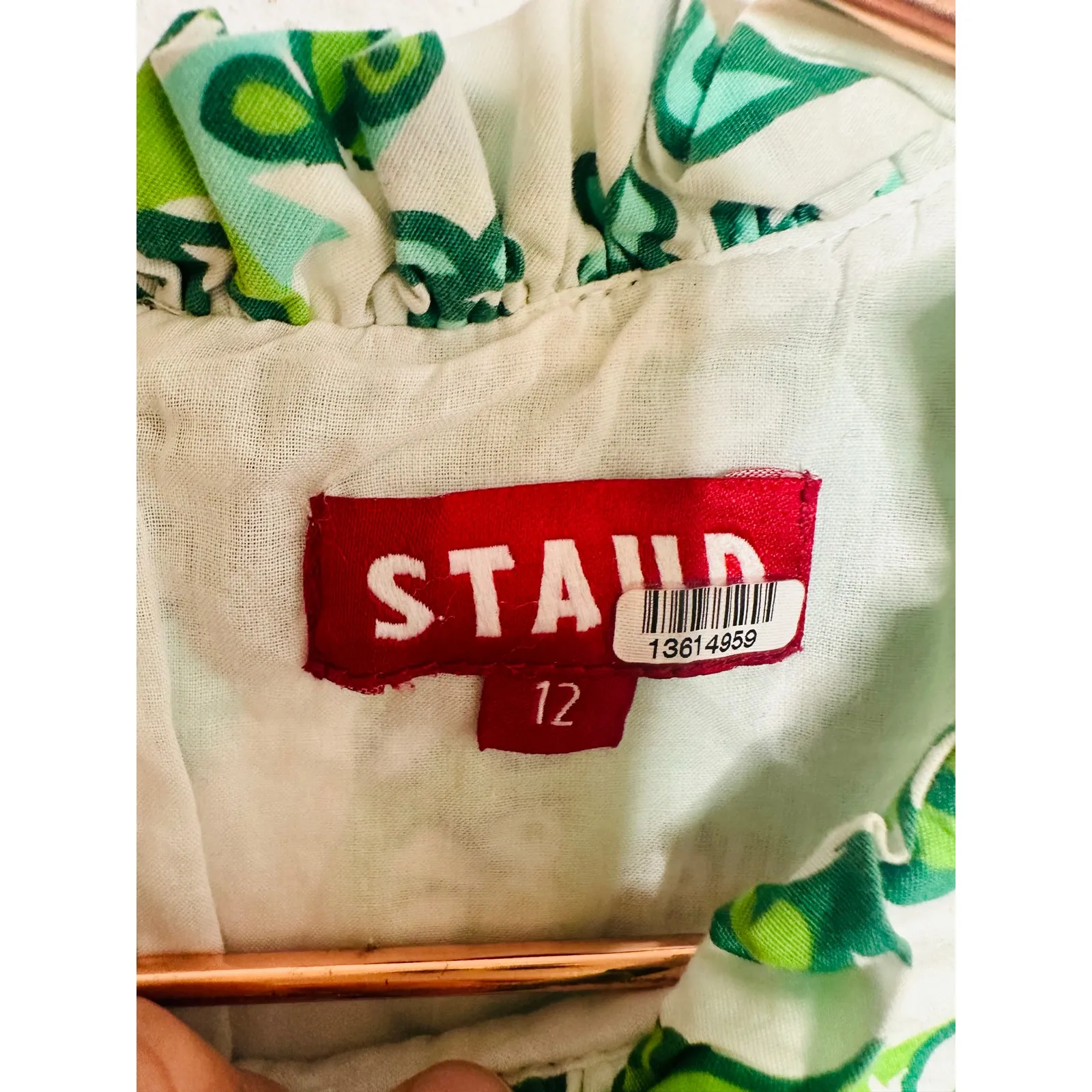 STAUD Green White Paisley Printed Three Quarter Sleeve Caroline Midi Dress sz 12 - Image 12