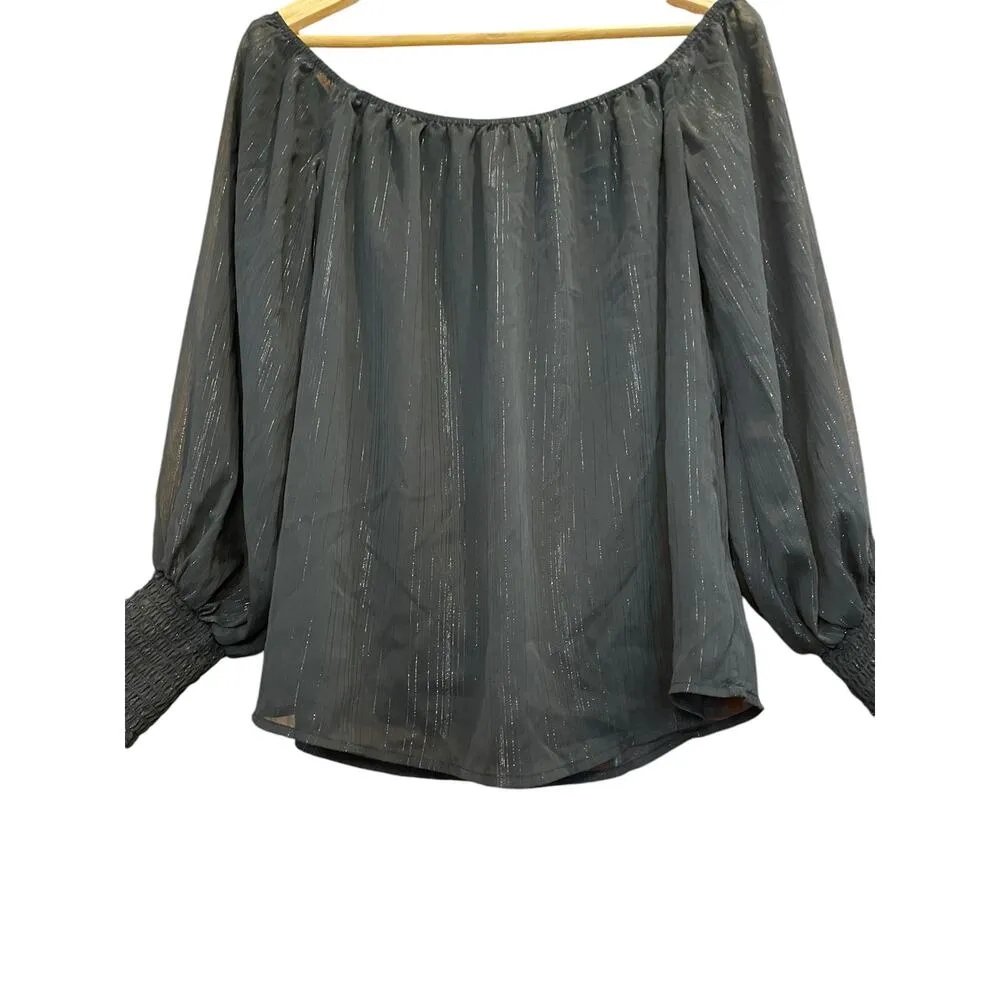 WAYF x BFF Sarah Silver Metallic & Black Off the Shoulder Top Sheer Long Sleeves - Image 6
