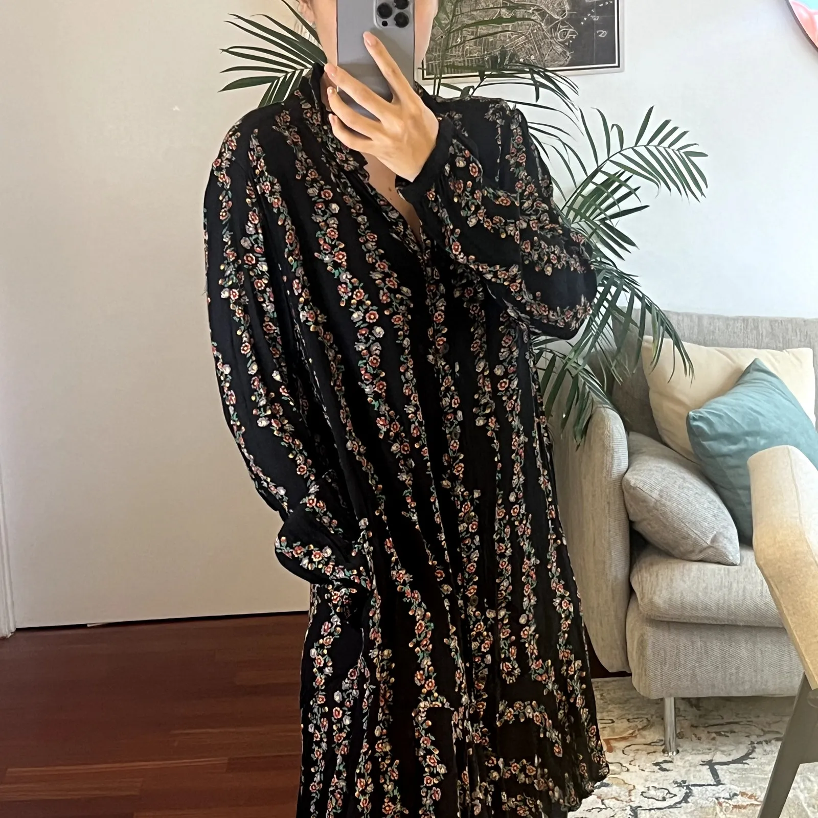 Free People Boho Floral Buttondown Shirt Dress Black Combo Size L - Image 3