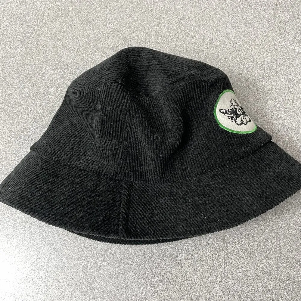 Boys Lie Corduroy Bucket Hat Black Green Cherub Angel Logo Patch One Size Y2K - Image 3