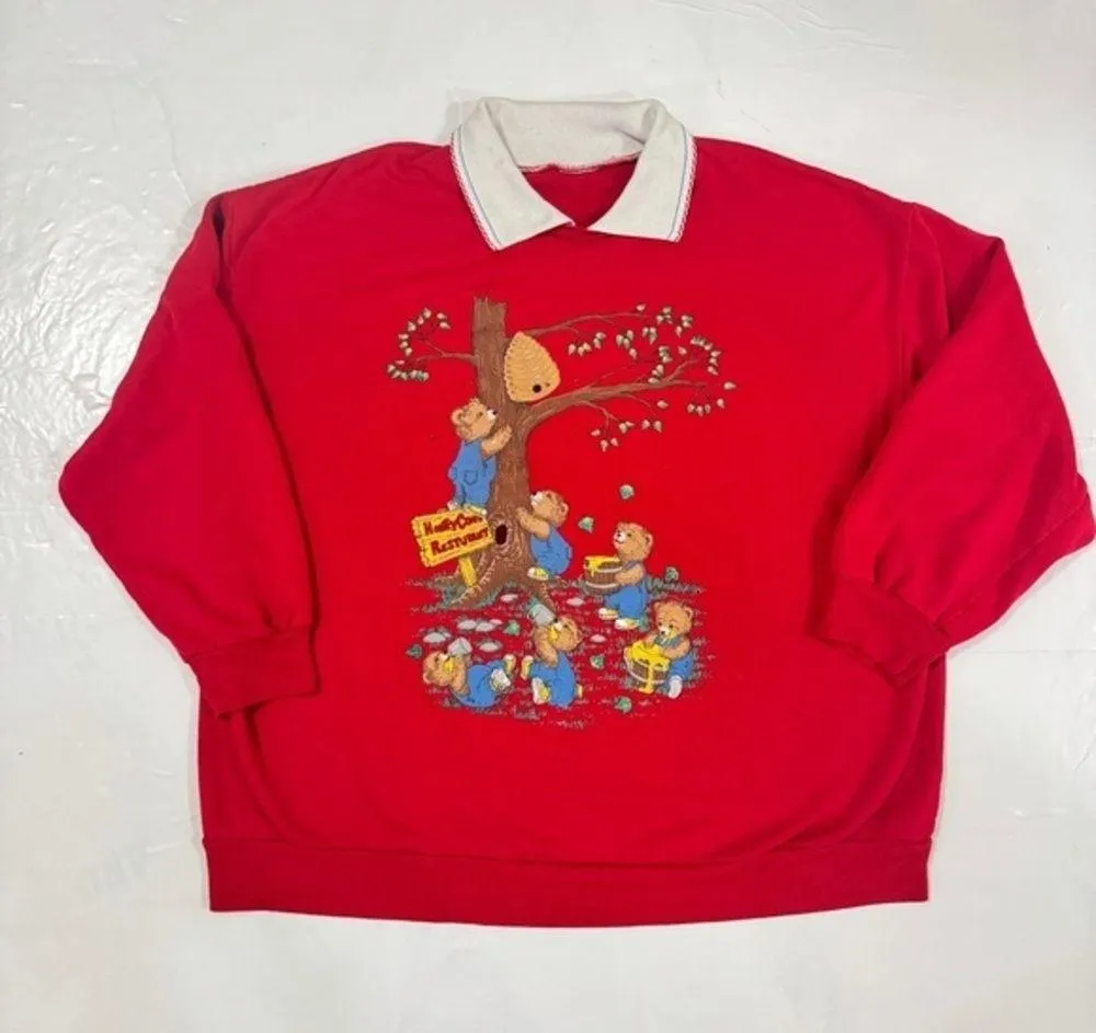 Vintage Teddy Bear Sweatshirt Collared Neck Whimsical Honey Bear Graphics XXL Red - Image 1