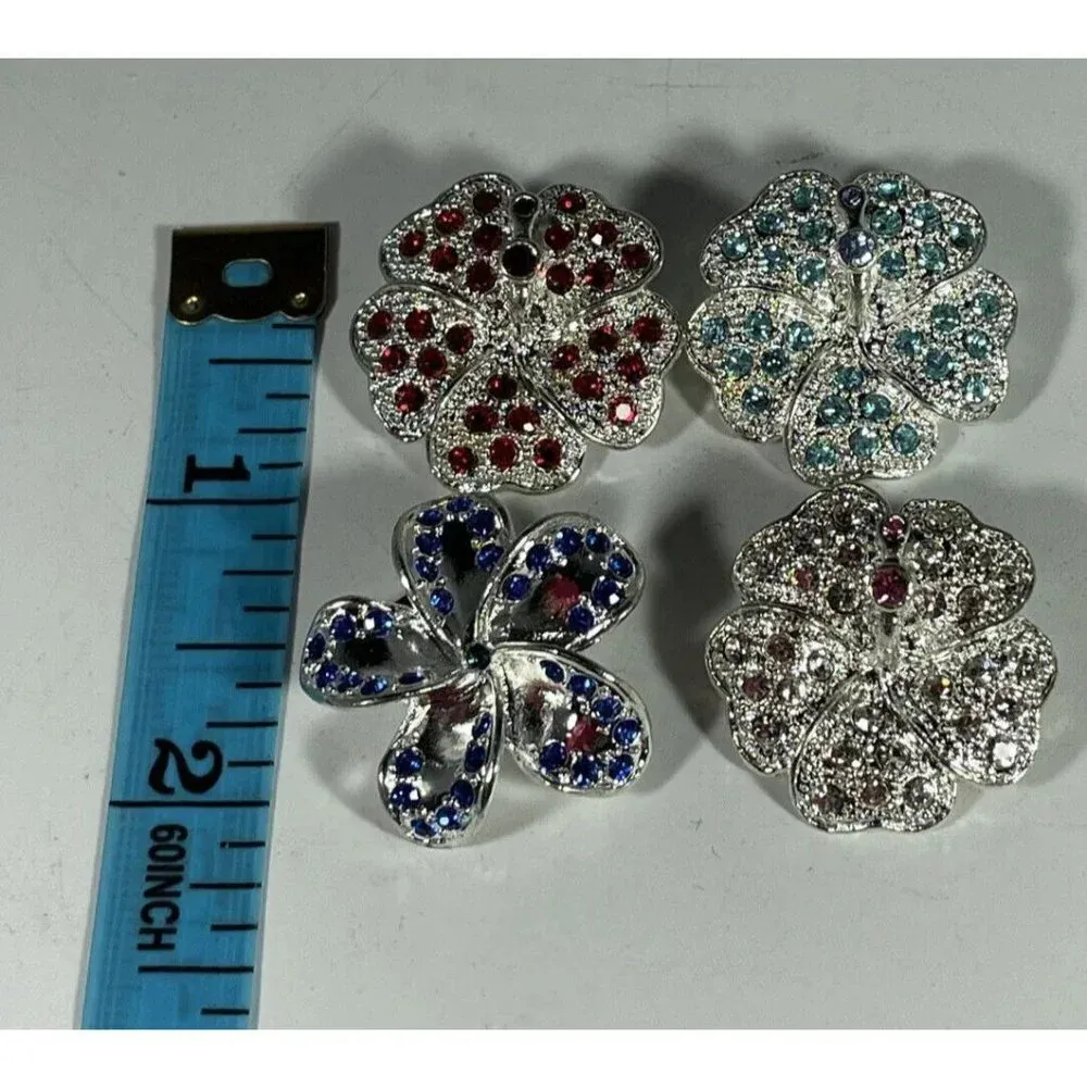Set Of 4 Small Flower Floral Rhinestone Pins Brooch Blue‎ Red Pink Silver Tone Blue - Image 3