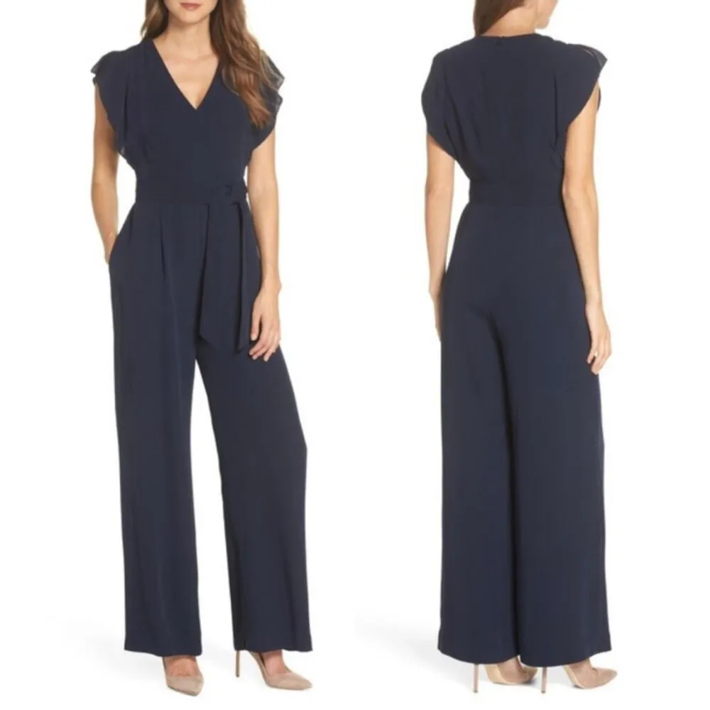 NEW Eliza J Flutter Sleeve Crepe Wide Leg Jumpsuit in Navy, Size 16 NEW w/o Tag - Image 10