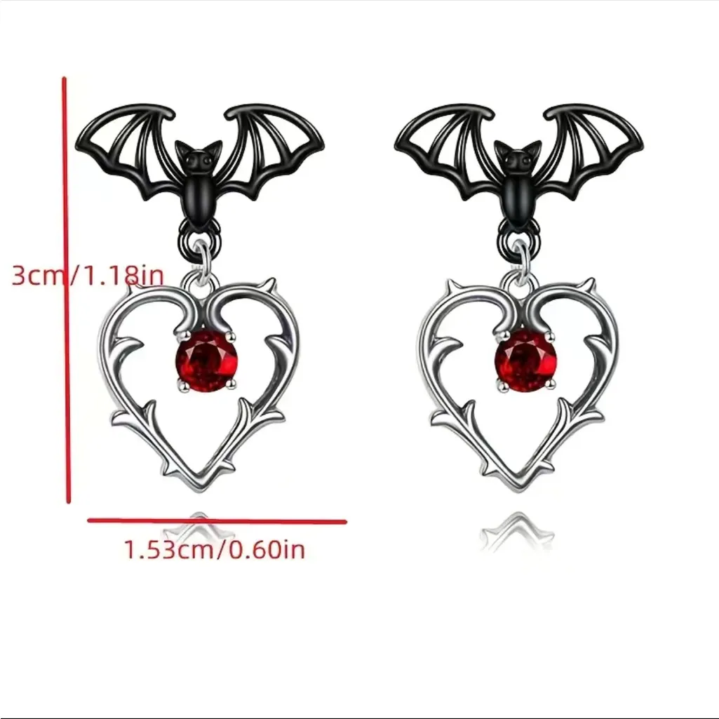 Gorgeous Black Bat Heart Dangle‎ Halloween Earrings with Ruby Color Decor Silver - Image 3