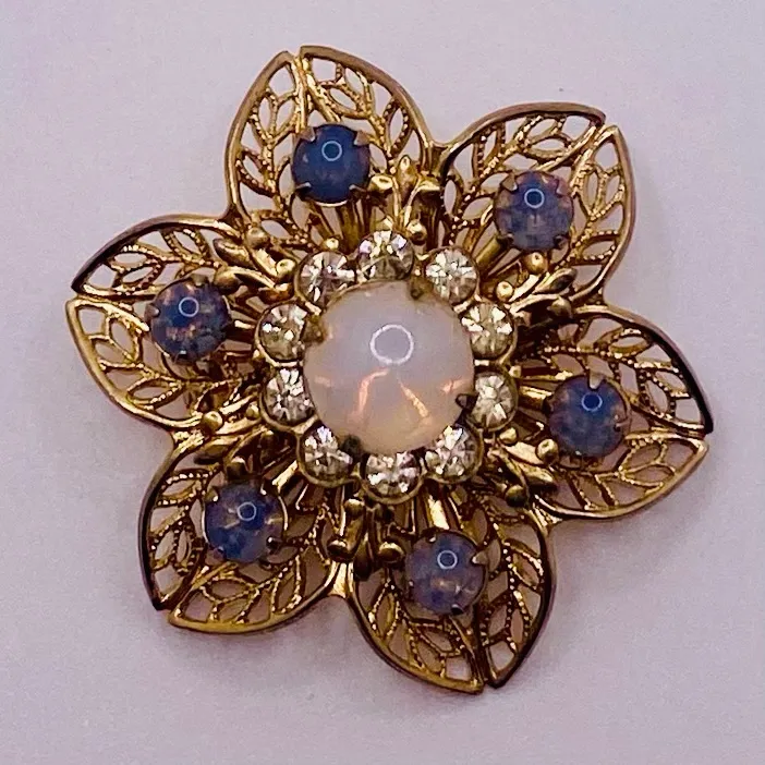 Vintage Filigree Gold Tone Moonglow & Blue Cat’s Eye Rhinestone Floral Brooch - Image 2