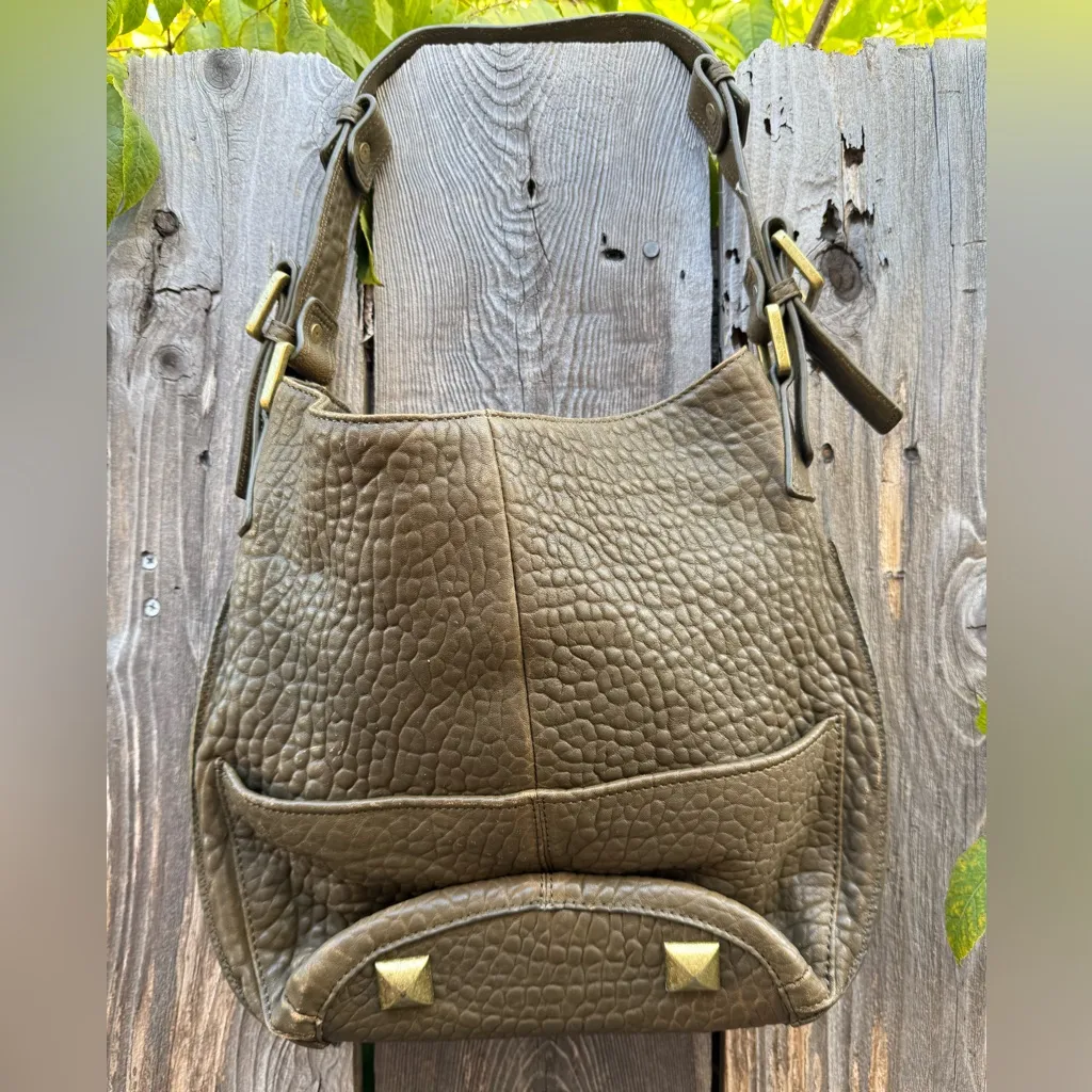 Charles Jourdan Khaki Green Pebbled Leather Studded Large Shoulder Bag - Image 3