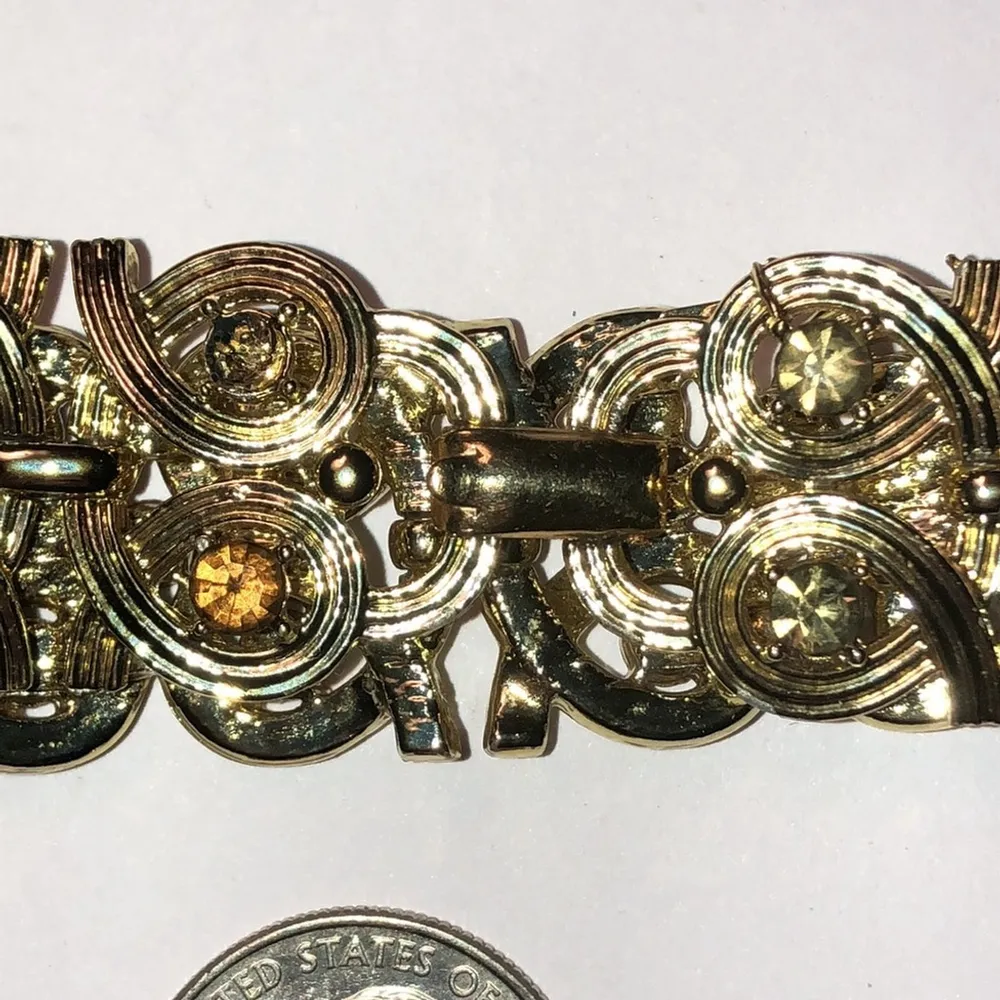 Vintage Gold Tone Amber Smoky CZ Rhinestones Chunky Retro Boho Bracelet - Image 5