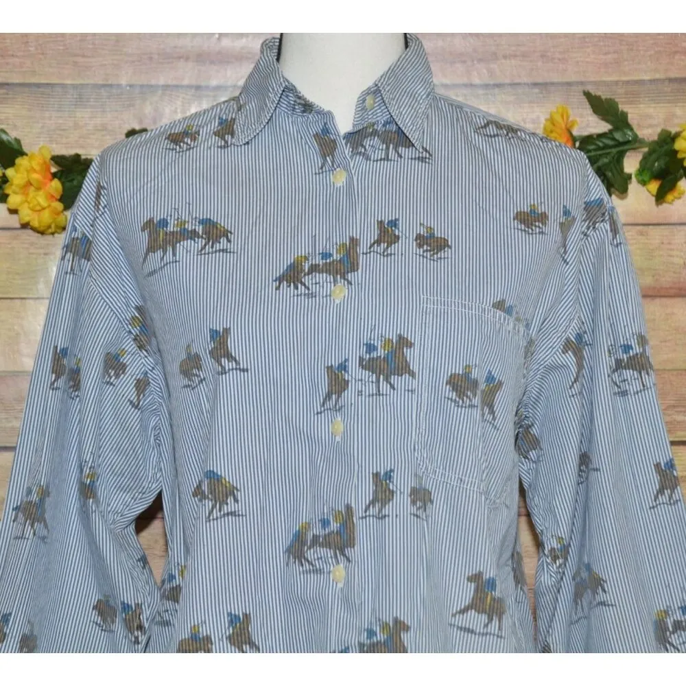 Vintage Rare Ladies 10 British Khaki Blue Pinstripe Button Down Shirt Polo Horse - Image 2