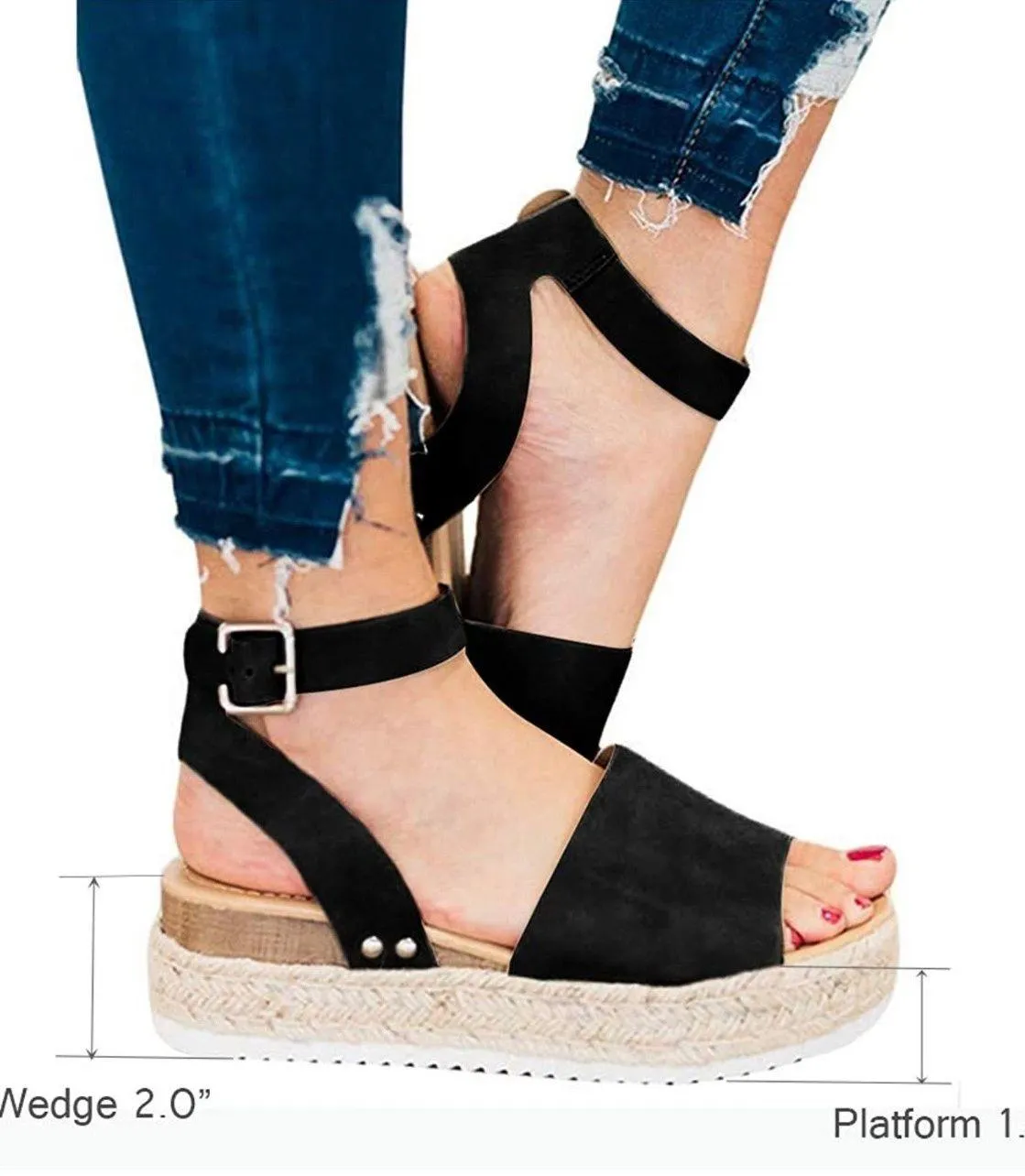 Black Open Toe Buckle Ankle Strap Espadrilles Flatform Wedge Casual Sandal - Image 6
