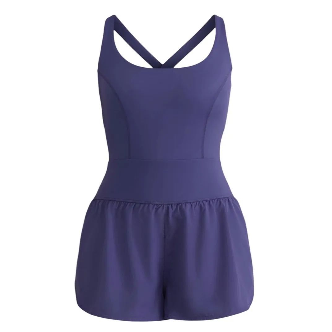 Shein Womens Athleisure Romper Skort Blue Criss Cross Back Athletic Zip Size M - Image 3