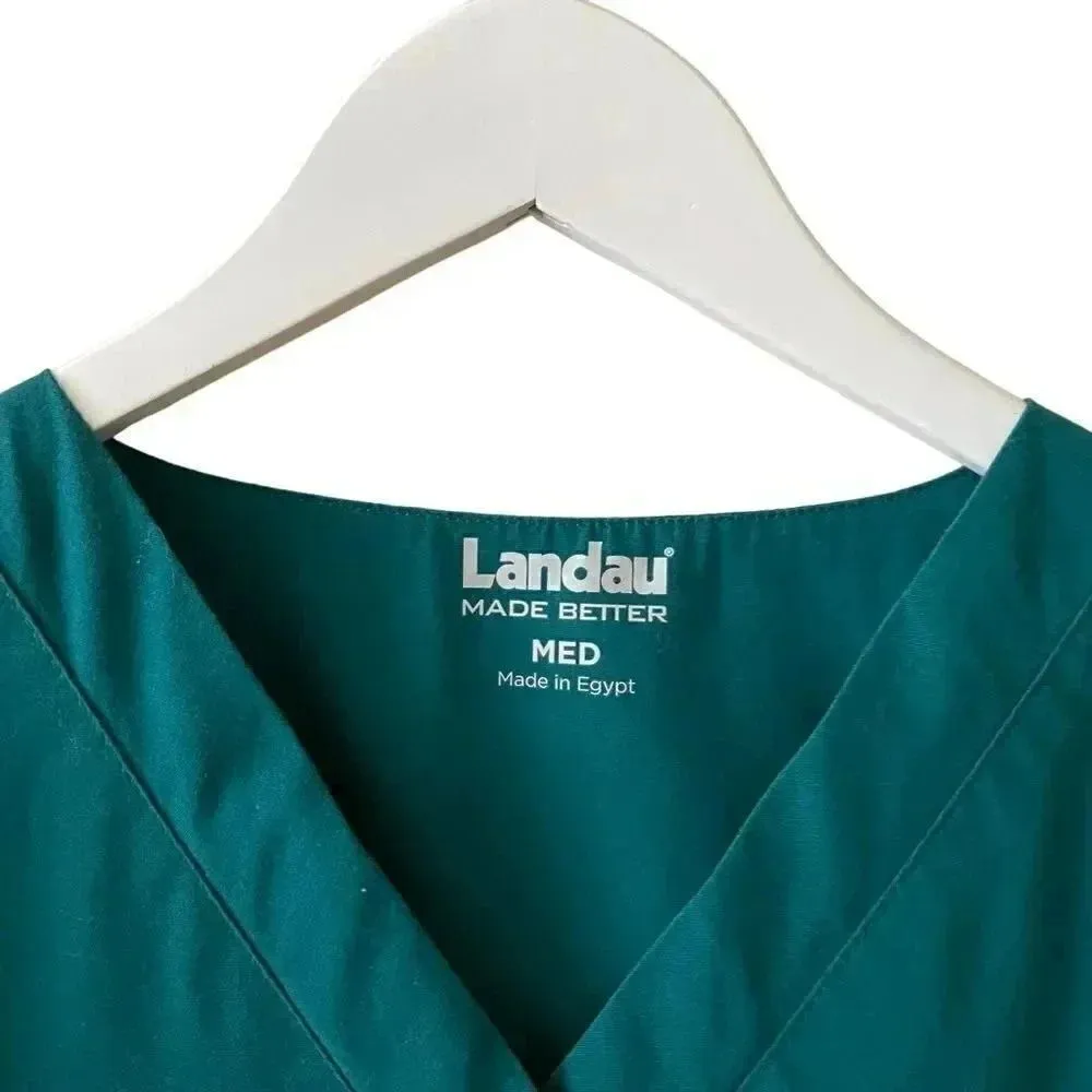 Landau Green V Neck Cotton Unisex Short Sleeves Scrub Top SZ M Size M - Image 2