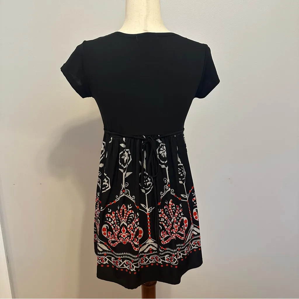 90s Roomates California Brand Babydoll Tie Back Patterned Tunic Top Black Size undefined - Image 3