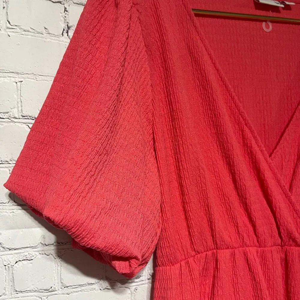 Comfy Breezy V-neck Bubble Sleeve Coral Red Faux Wrap Dress NWOT size Large - Image 9