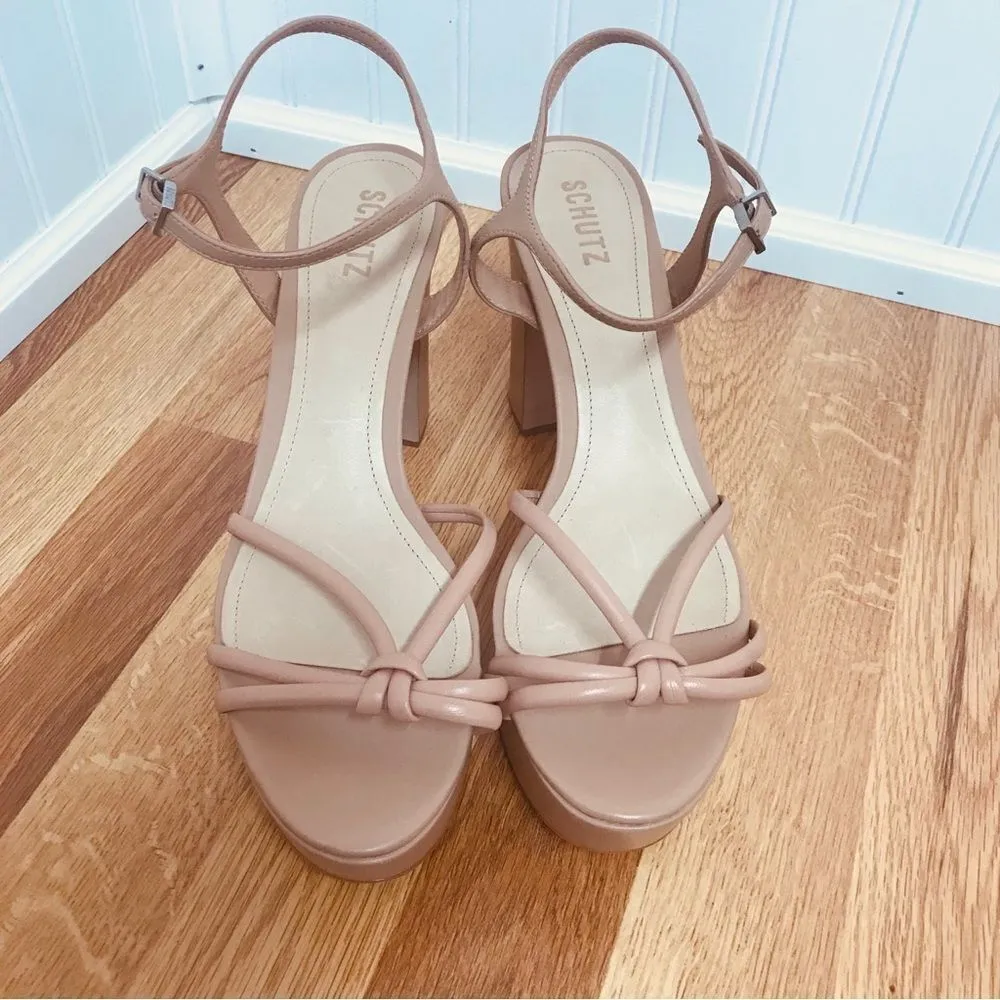 SCHUTZ Kelsie Nude Platform Strappy Sandal Block Heel Tan Beige Size‎ 10.5 New - Image 4