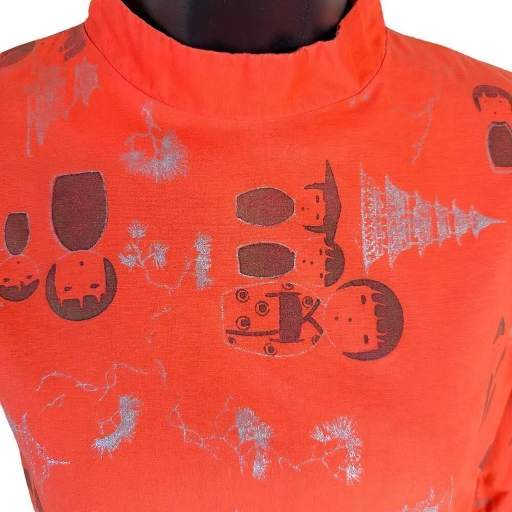 Vintage Japanese Handmade Art Deco Cotton Kimono Dress Size S Orange - Image 6