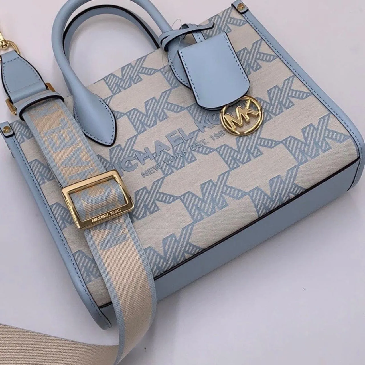 Michael Kors Vista Blue Mirella Tote Purse Small Shopper Top Zip Crossbody - Image 4