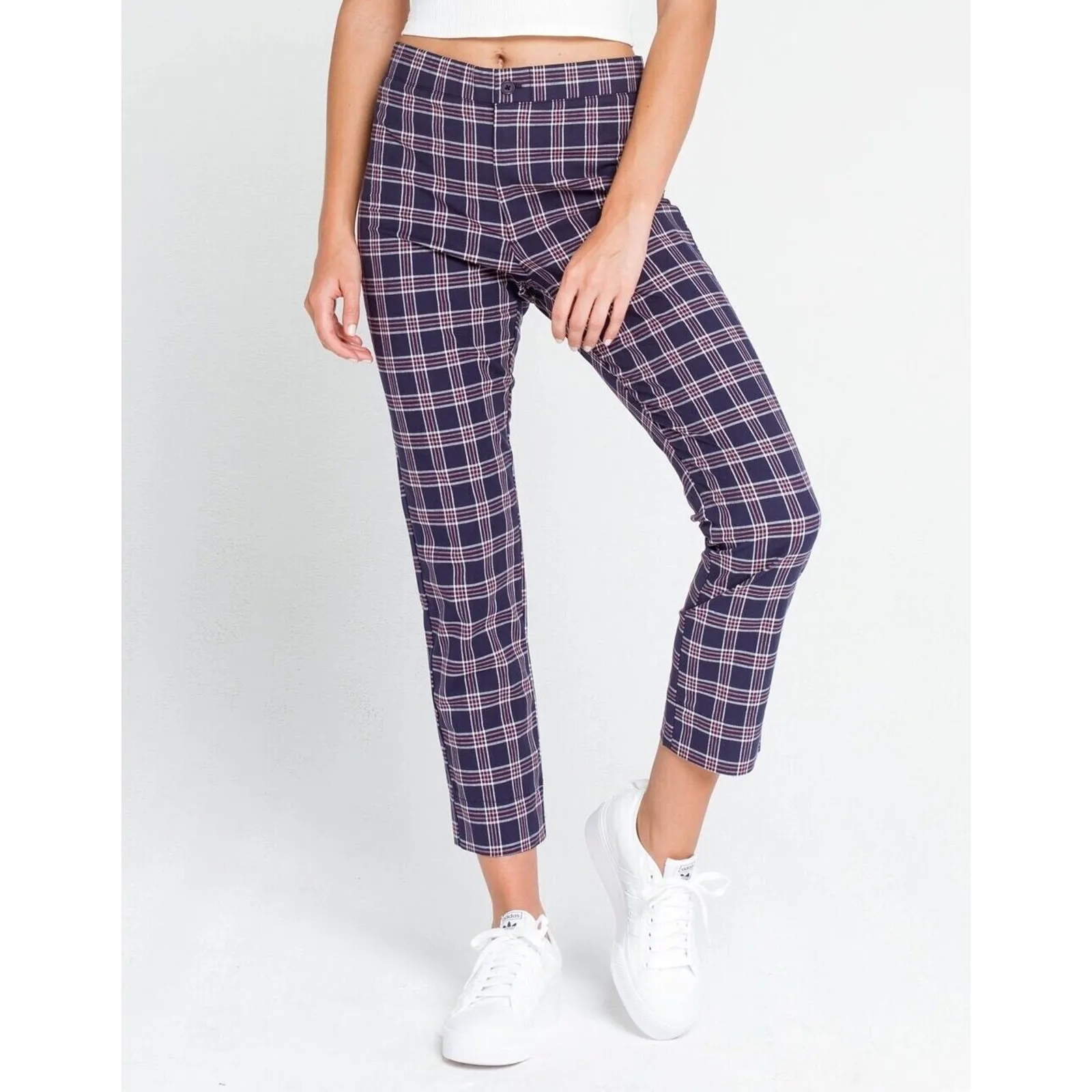 Sky and Sparrow Womens Pants Sz XS‎ Navy Blue Plaid Twill Tapered - Image 2