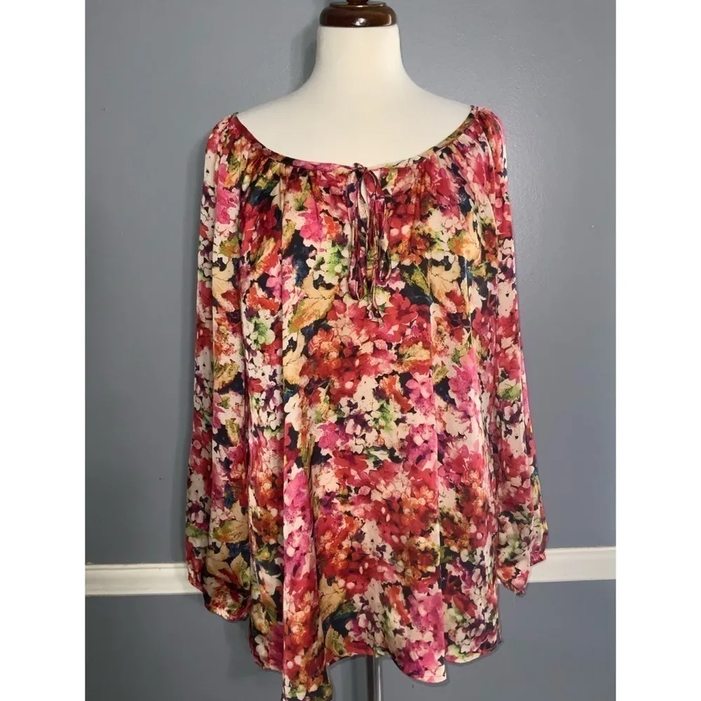 Cha Cha Vente Orange Floral Watercolor Smock Long Sleeve Satin Flowy Tunic L - Image 2