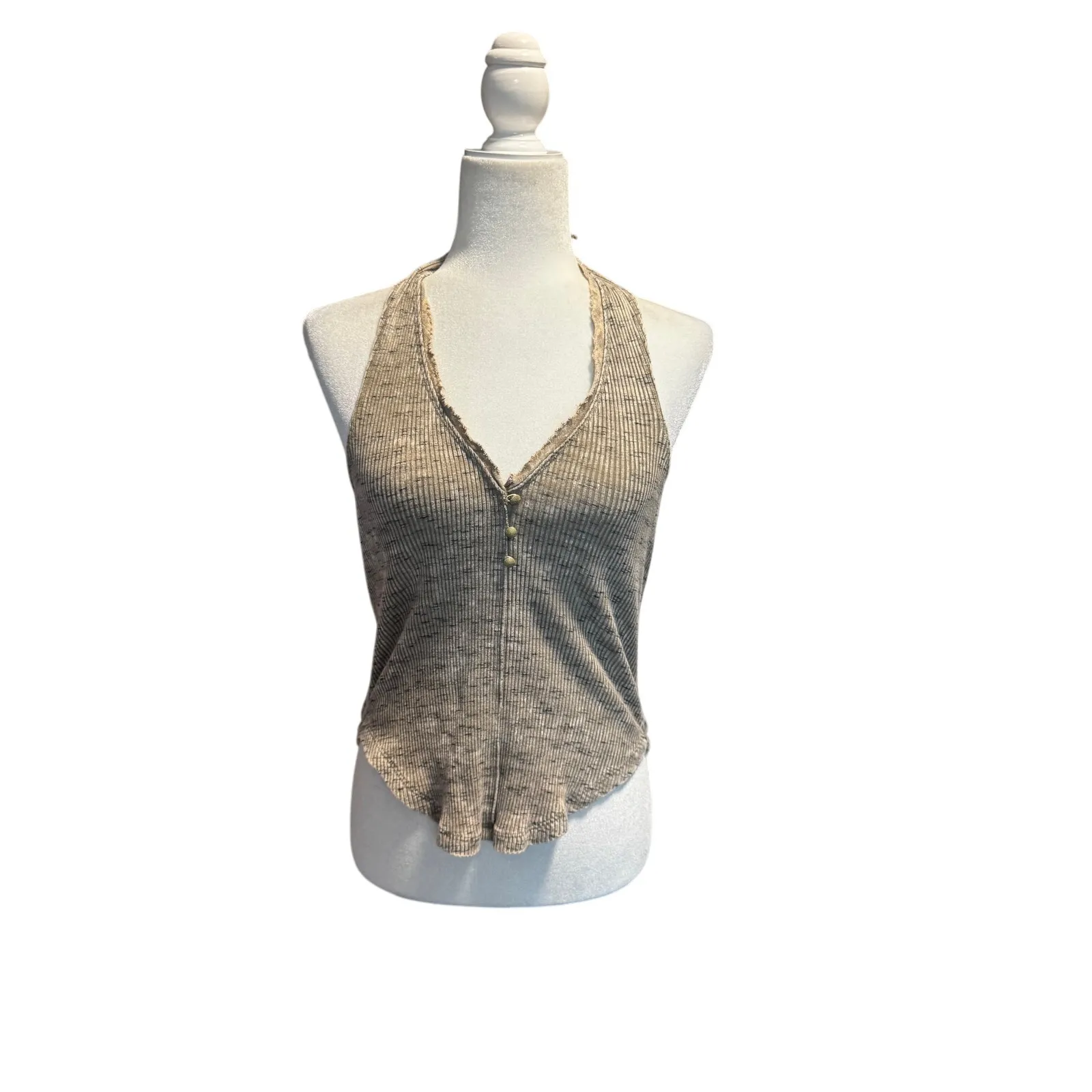 Pilcro Ribbed Halter Button Tank Top neutral taupe - Image 2