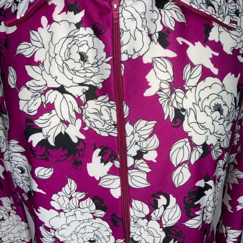 Granada Fushcia Black & White Large Floral Print Zip Front Maxi House Dress Med - Image 4
