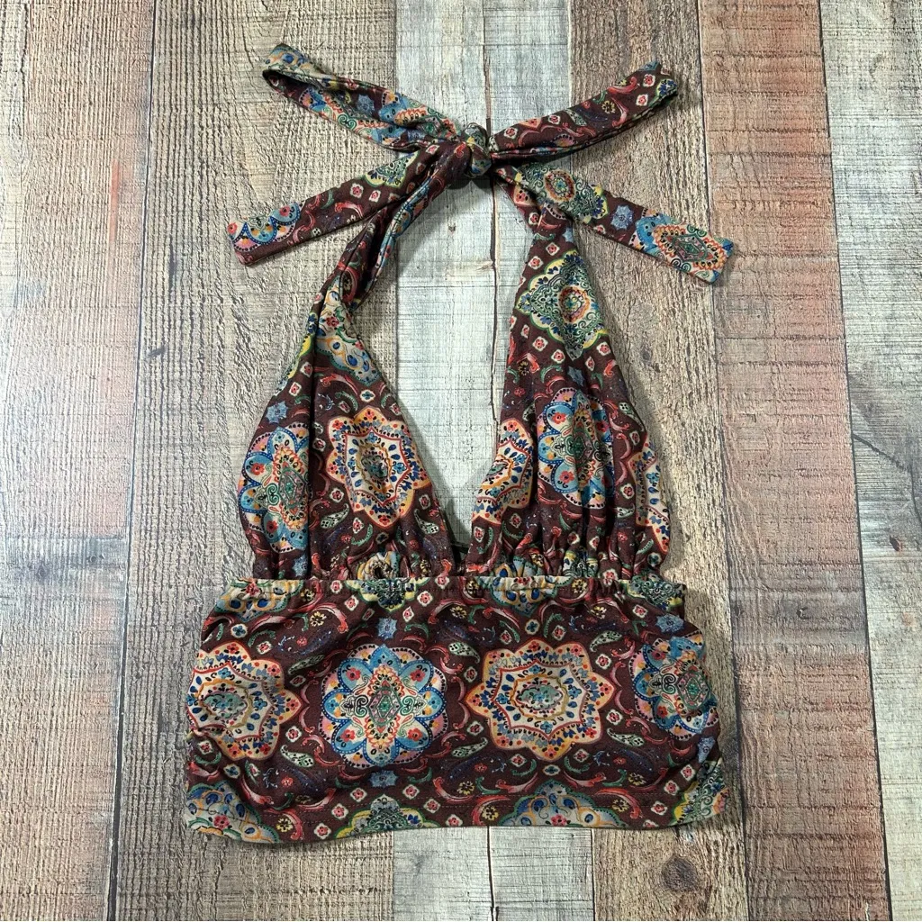Cider Boho Paisley Halter Top Brown Multicolor Stretchy Soft Crop Small - Image 4