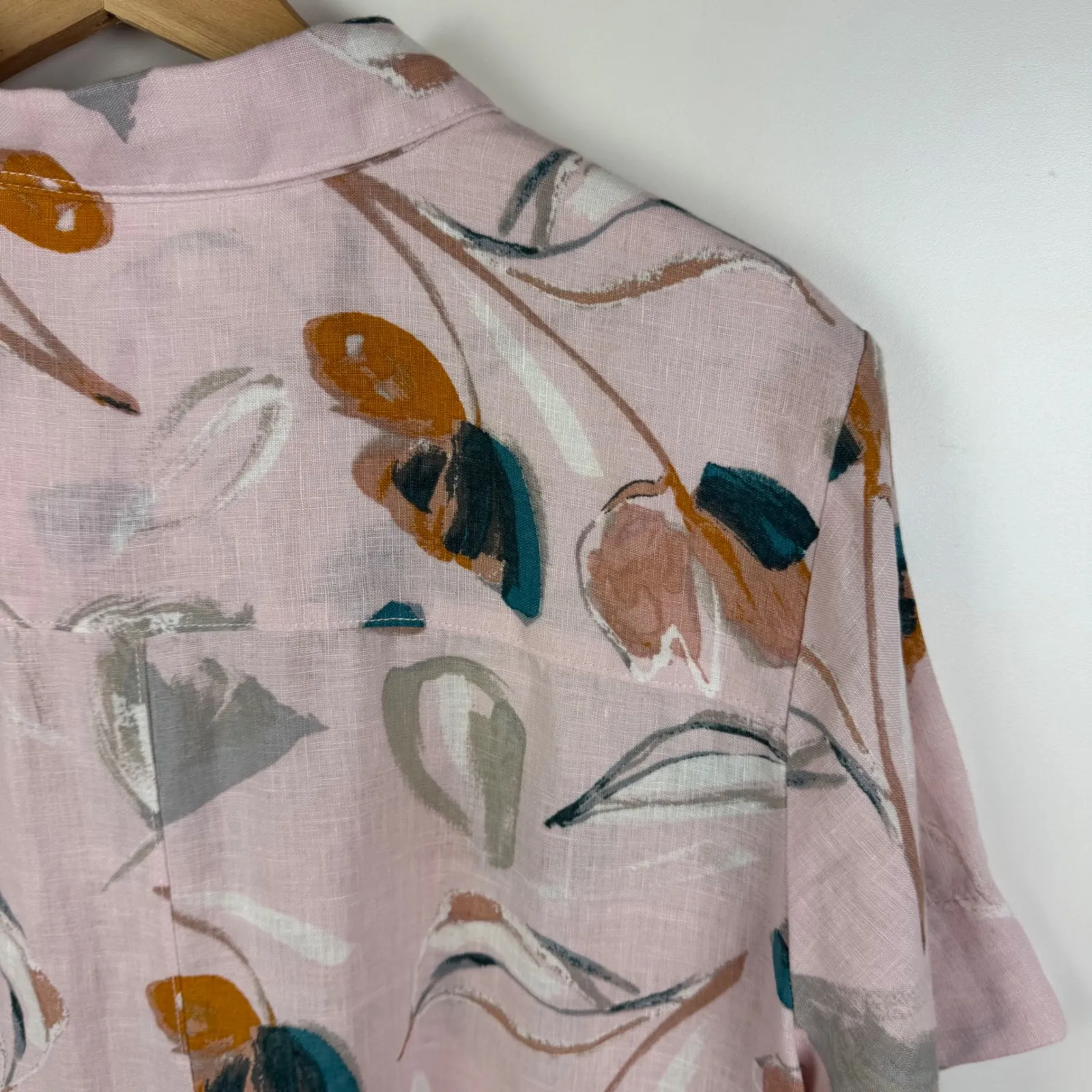 Rachel Zoe 100% Linen‎ Floral Shirt Dress Size XL Pink Button Down Coastal Artsy - Image 3