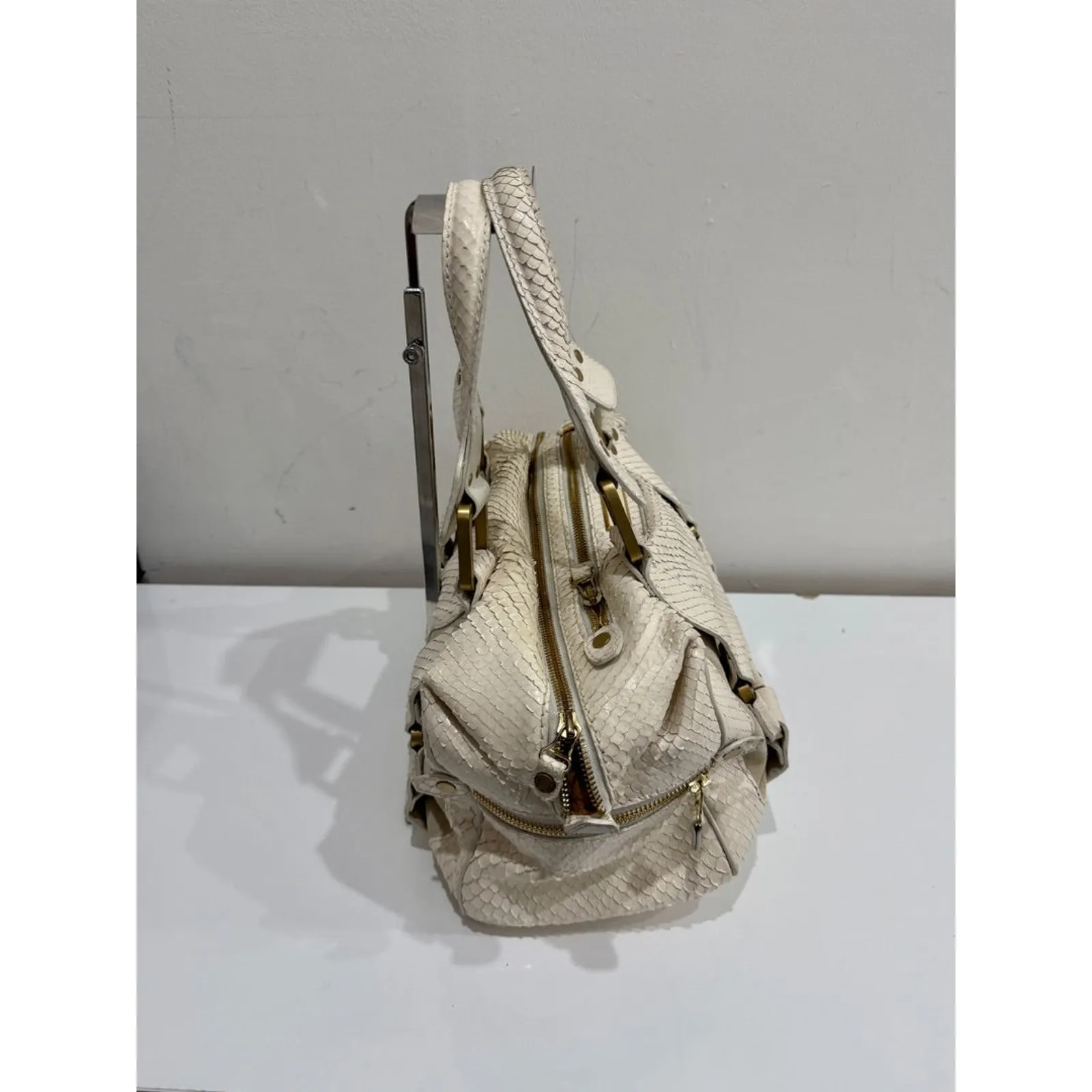Jimmy Choo  Suede Trim Python Embossed Leather Shoulder Top Handle Bag Off White - Image 4