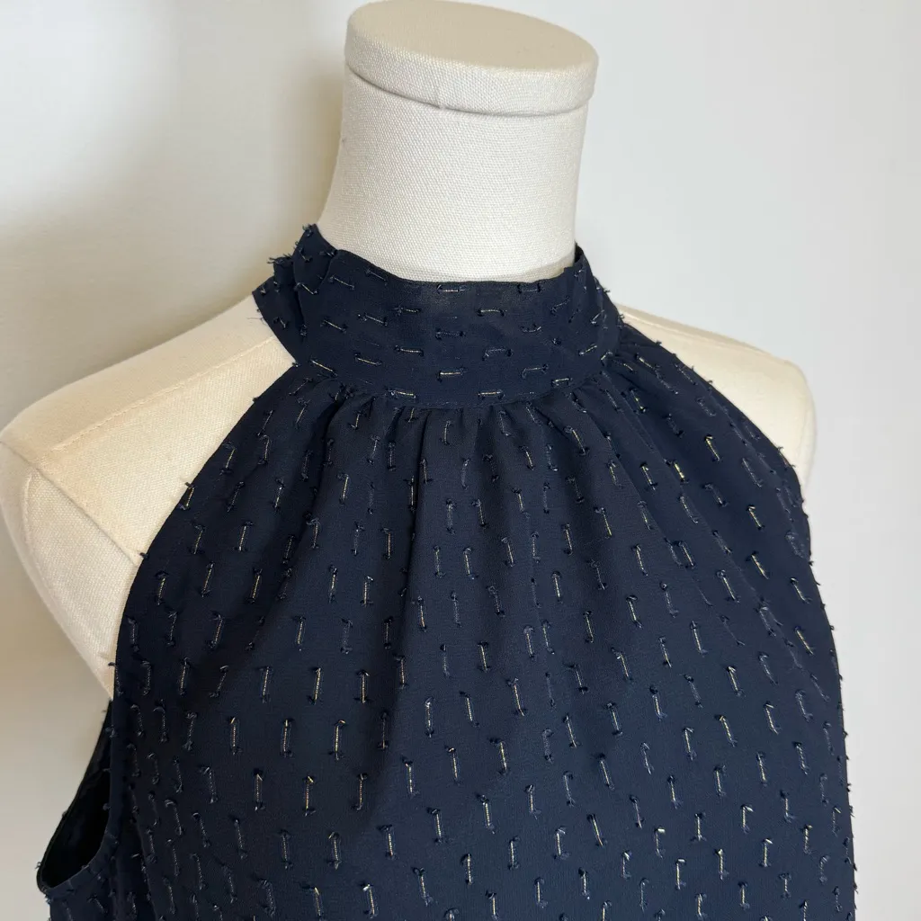 New! J.Crew Navy Sleeveless Tie Neck Top Gold Thread Detail Women’s Size 10 - Image 3