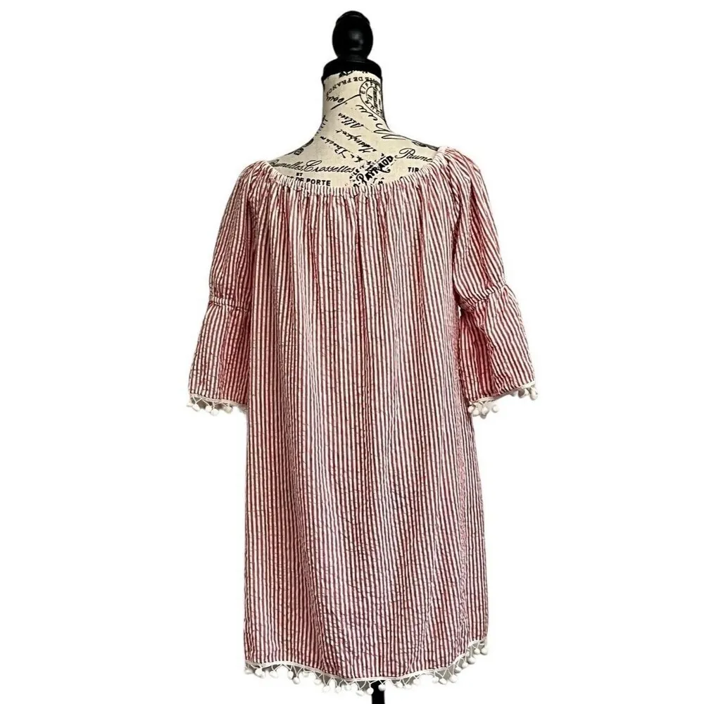 Gianni Bini Seersucker Striped Off Shoulder Tassel Peasant Mini Dress M Coastal White Size M - Image 5