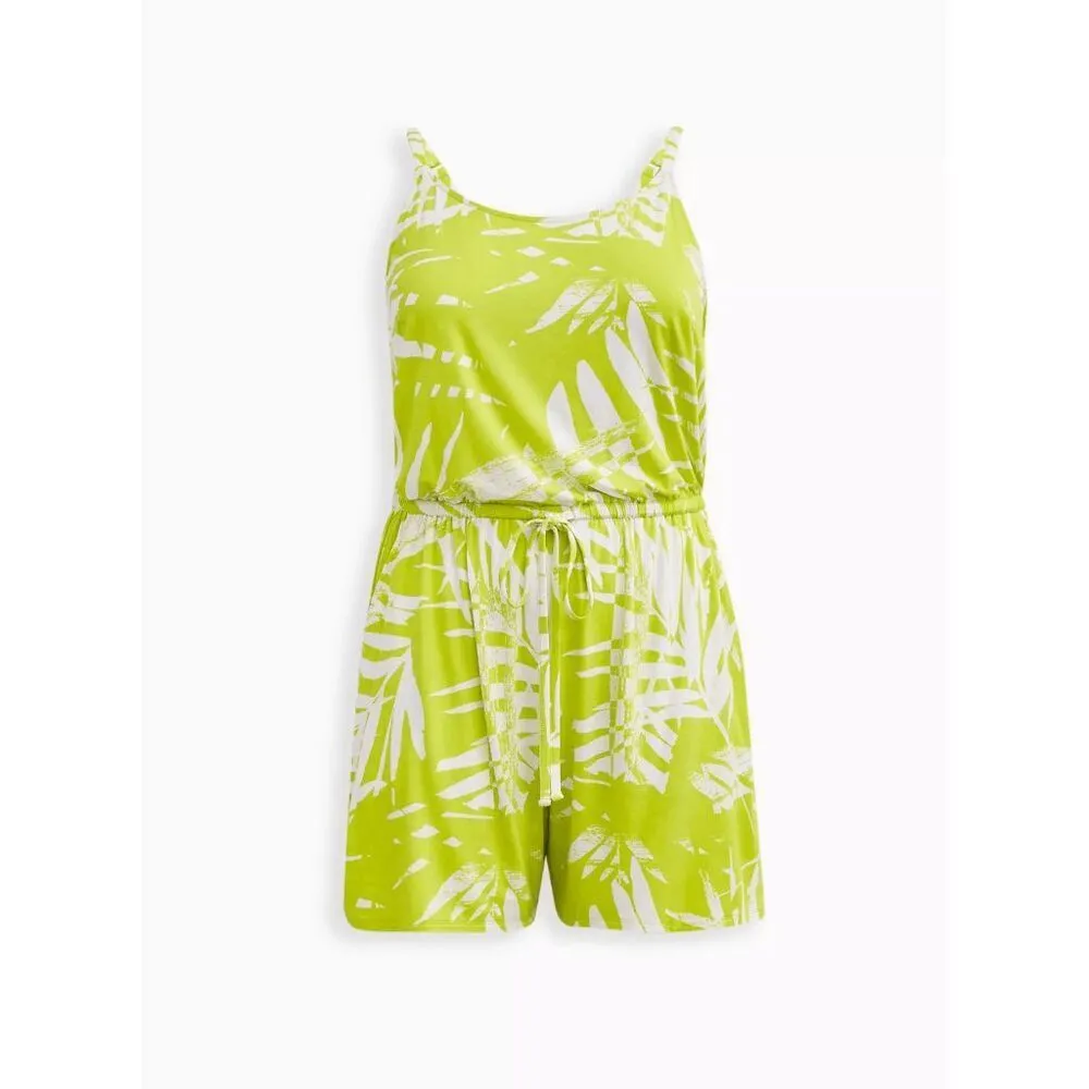 Torrid Bright Lime Green White Mini Stretch Soft Tropical Romper L 12 NWT - Image 11