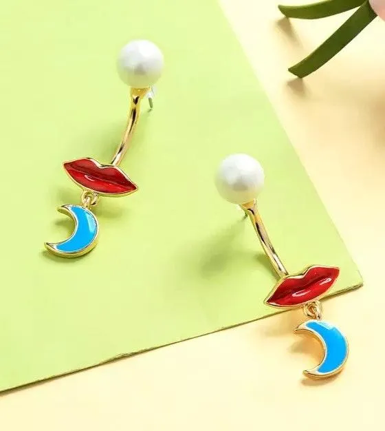 Red Lips Moon Pearl Stud Drop Earrings Gold - Image 2