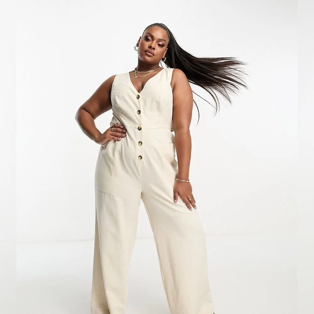 ASOS denim jumpsuit oatmeal wide leg straight beige lineny sleeveless pockets - Image 2