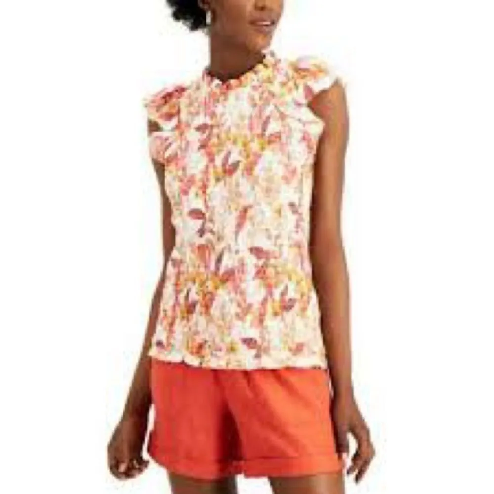 NWT INC INTERNATIONAL CONCEPTS PLUS SIZE PRINTED SMOCKED SLEE KAUAI BLOOMS XL Yellow - Image 2